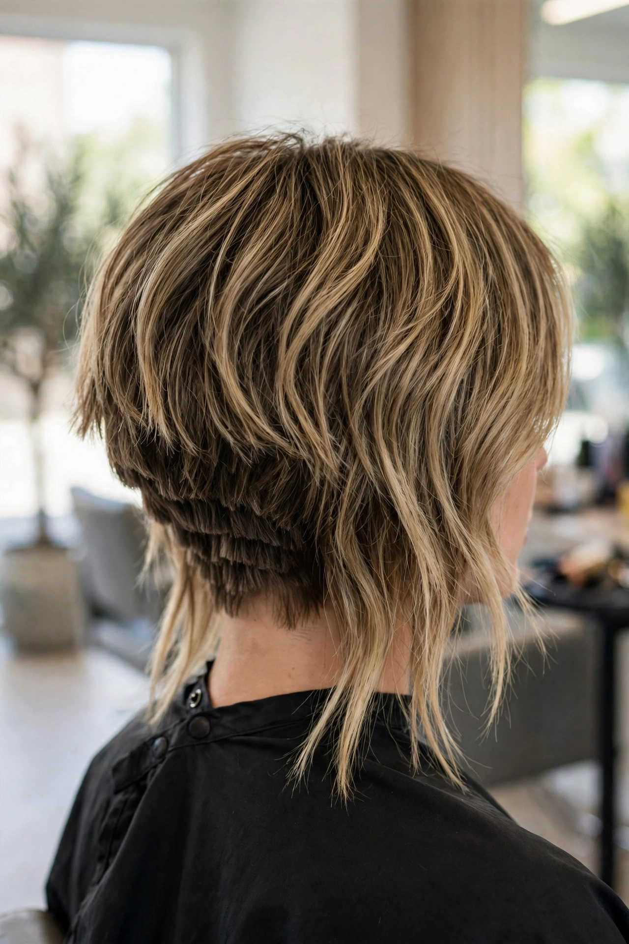 Inverted graduated choppy bob for thick hair, back view of stacked nape layers