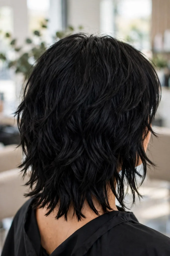 Long choppy layered bob for thick hair at collarbone length, back view of feathered layers