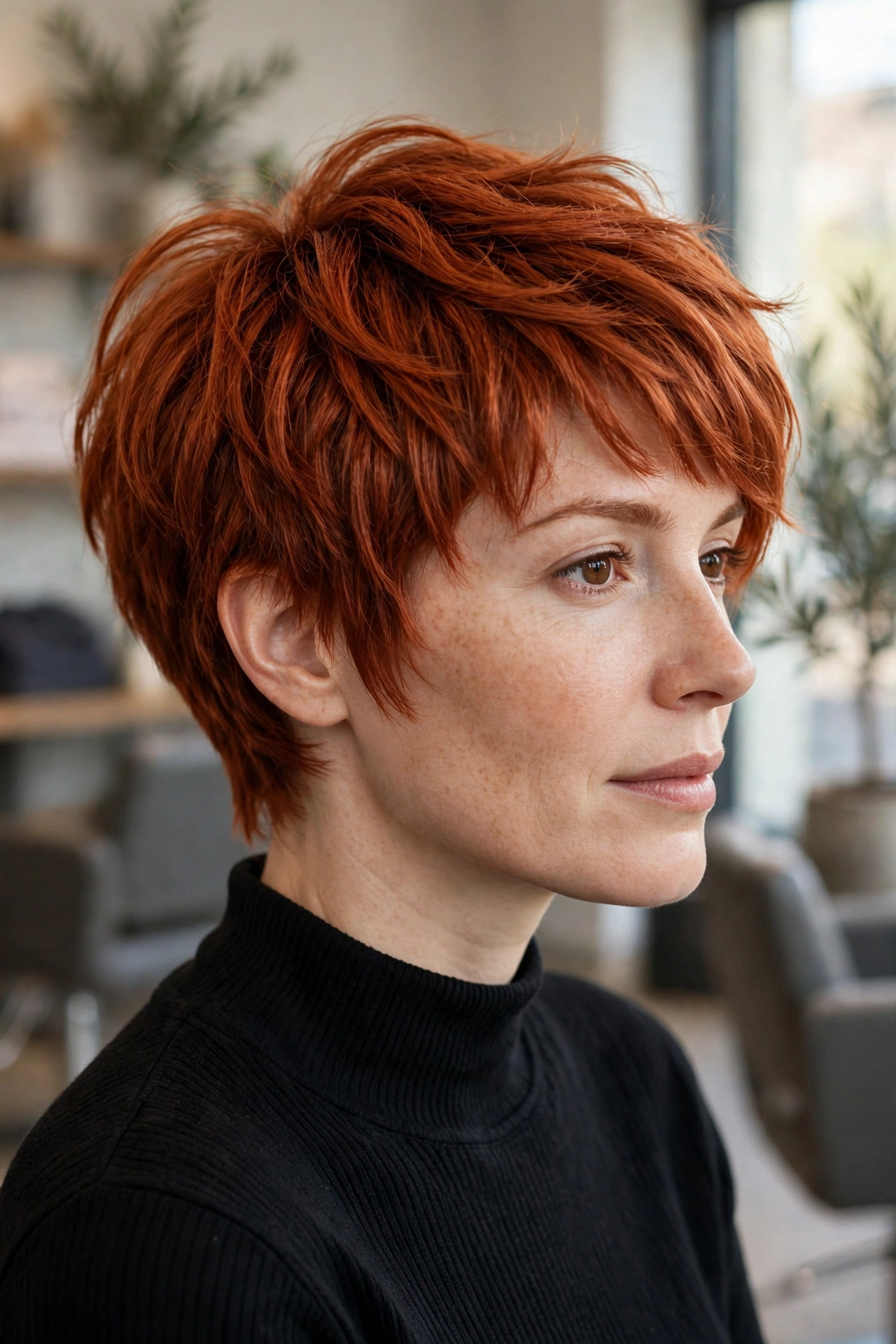 Pixie-bob hybrid haircut for thick copper-red hair with choppy layers