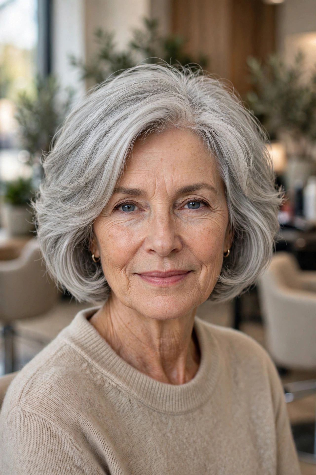 Rounded soft choppy layered bob for thick silver-gray hair