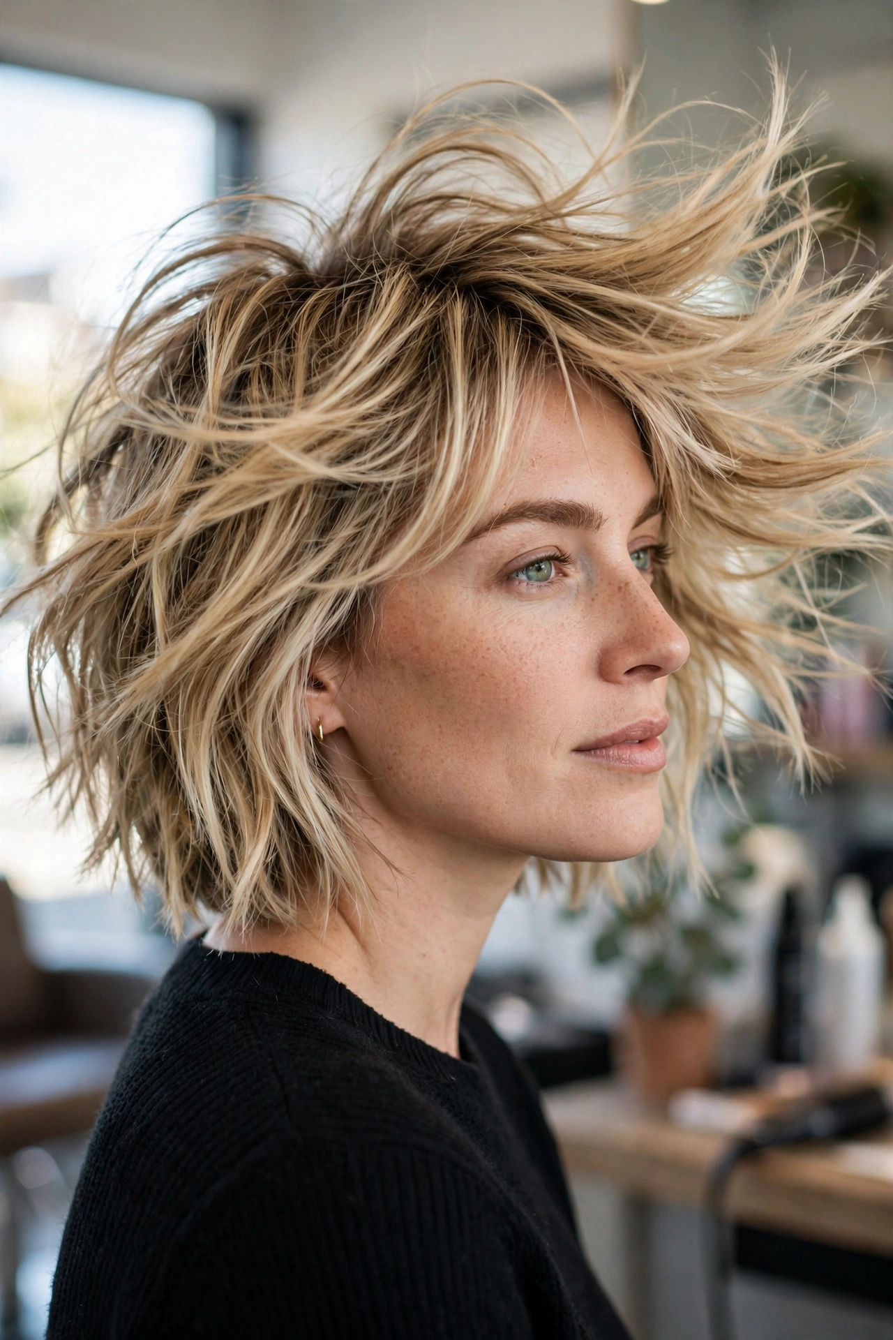 Shaggy textured choppy bob for thick hair with airy layers in motion