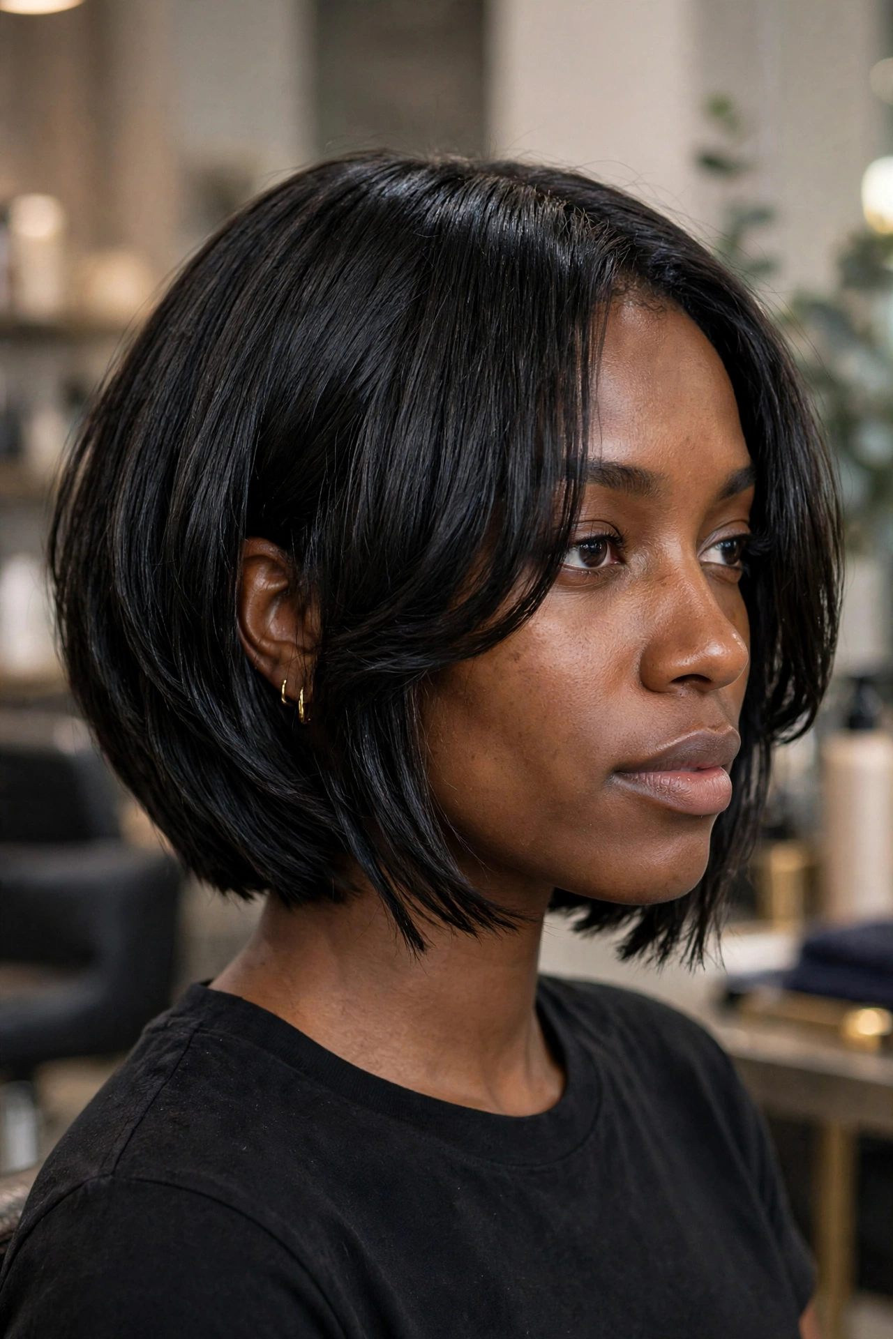Sleek polished straight choppy layered bob for thick hair