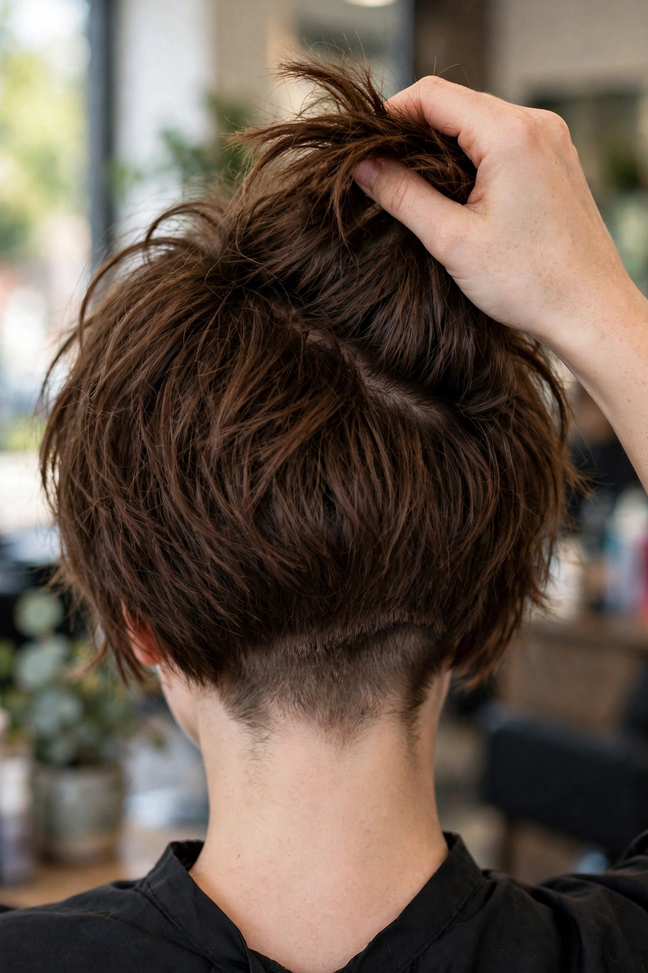 Choppy layered bob for thick hair with hidden undercut at the nape, back view
