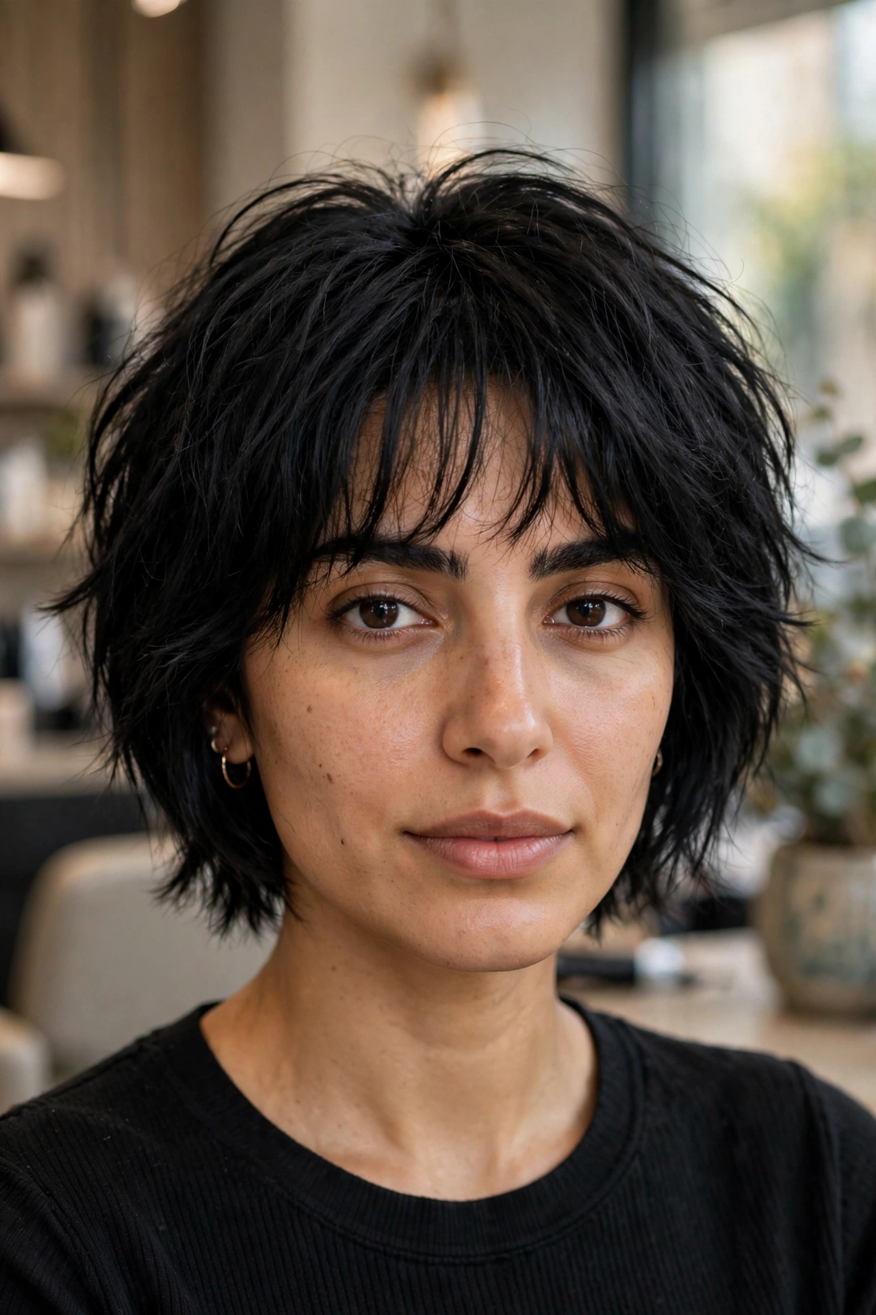 Choppy layered bob for thick black hair with wispy fringe