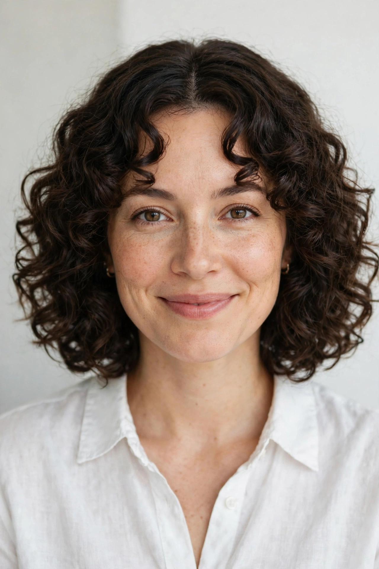 Curly lob with soft curtain bangs parted in the middle