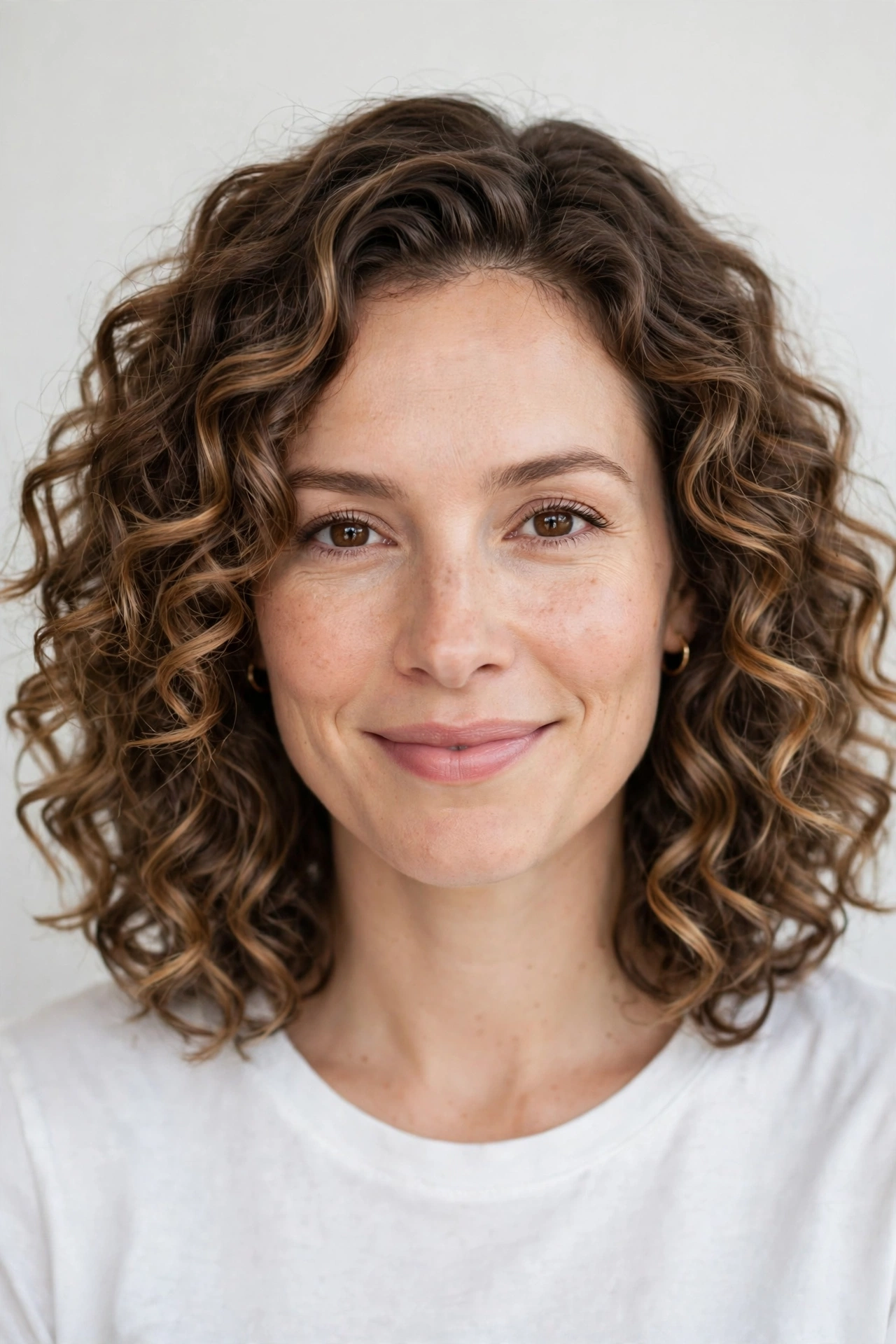 Curly lob with soft caramel balayage highlights