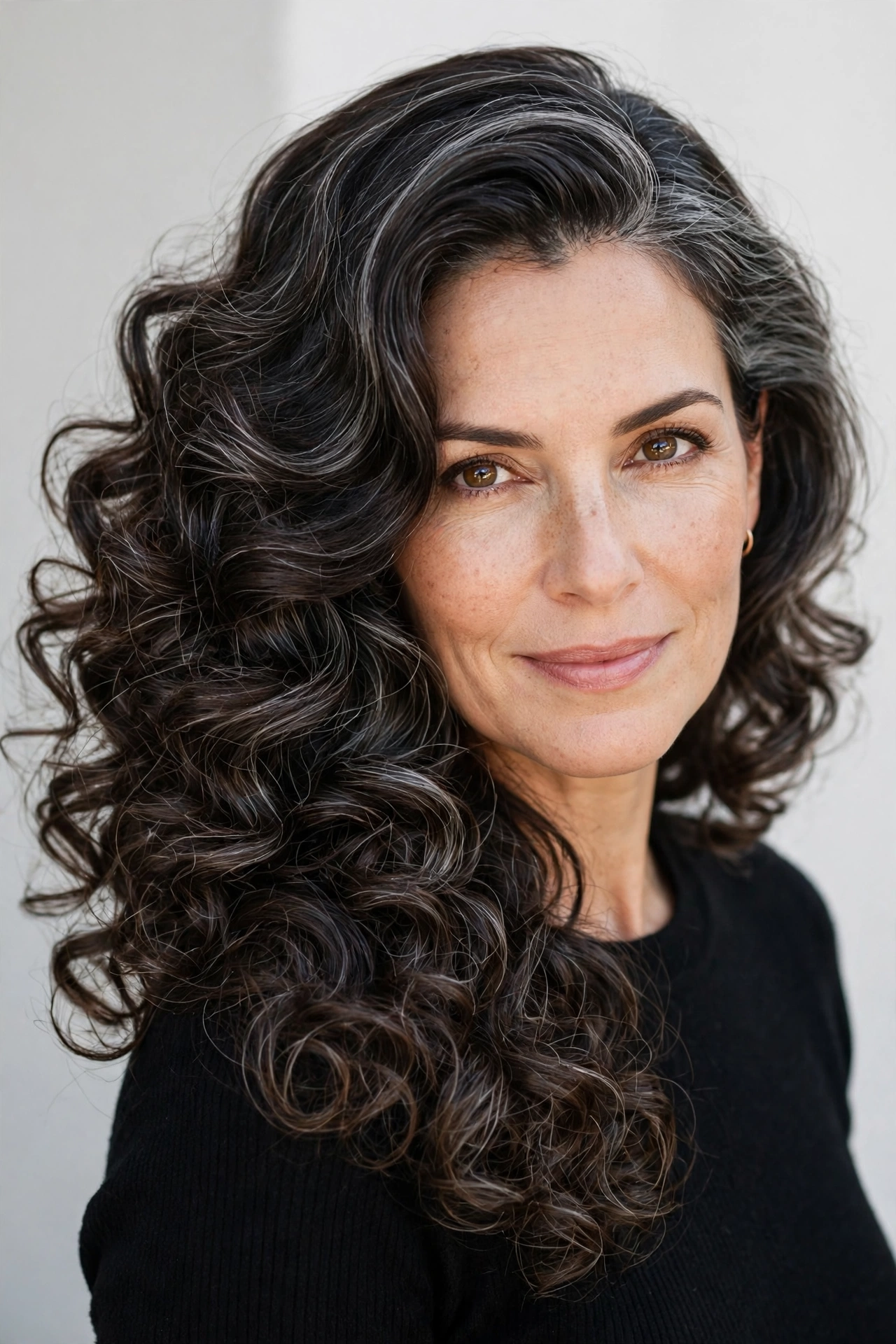 Curly lob with a deep side part and swept volume