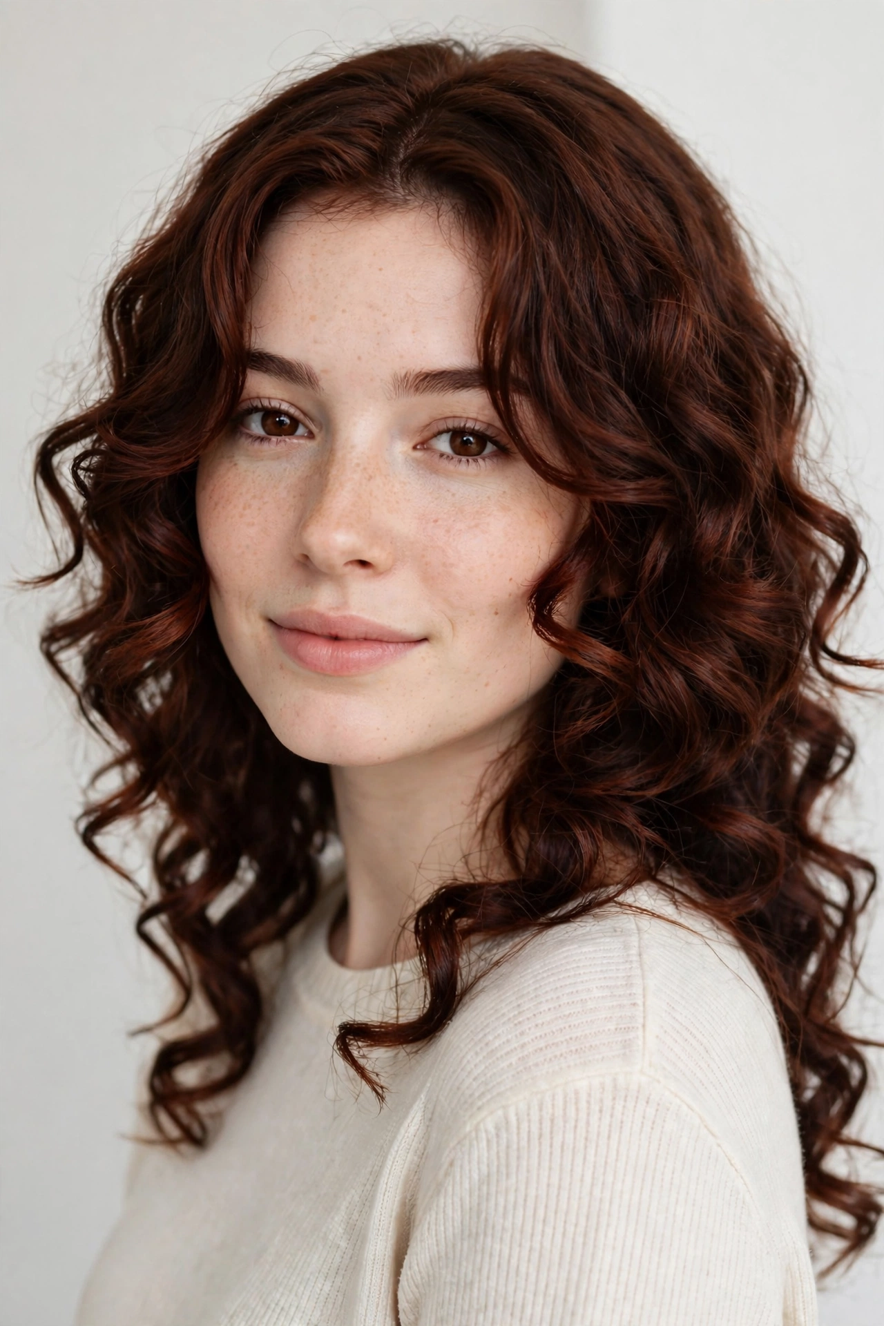 Curly lob with face framing layers around the cheeks