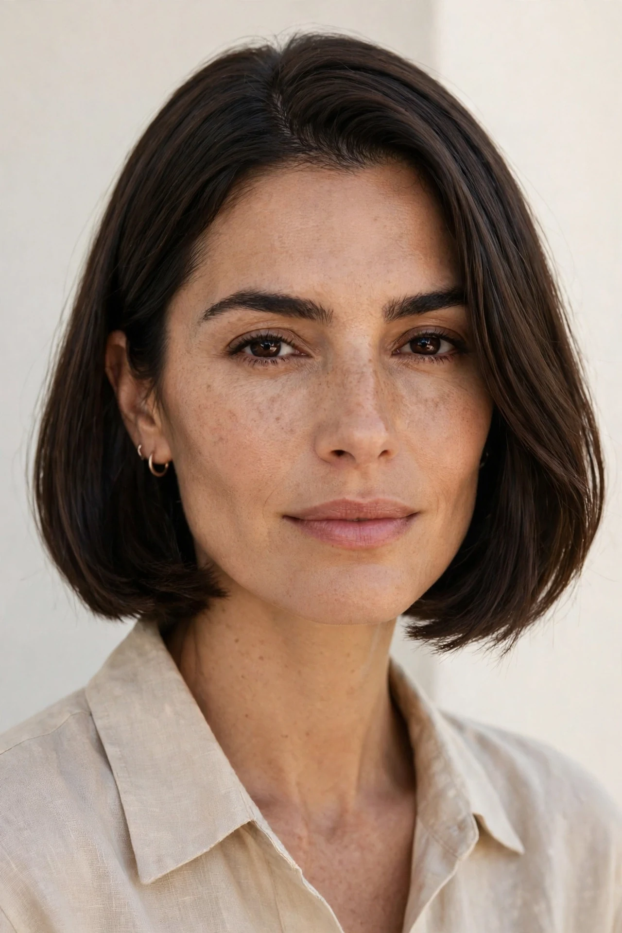 Classic italian bob with curved-under ends on a Mediterranean woman in her 30s with dark brown hair