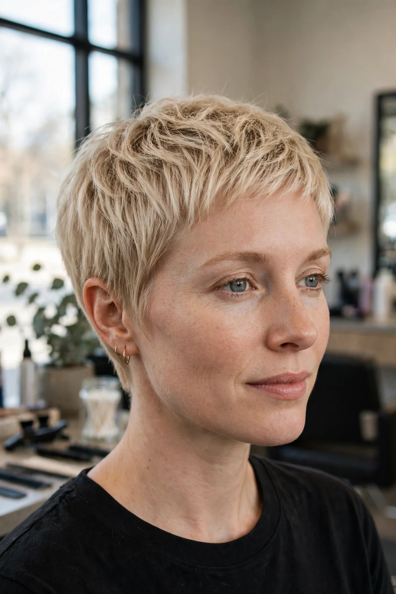 Fine hair bixie haircut with lifted crown layers on a fine-haired blonde model