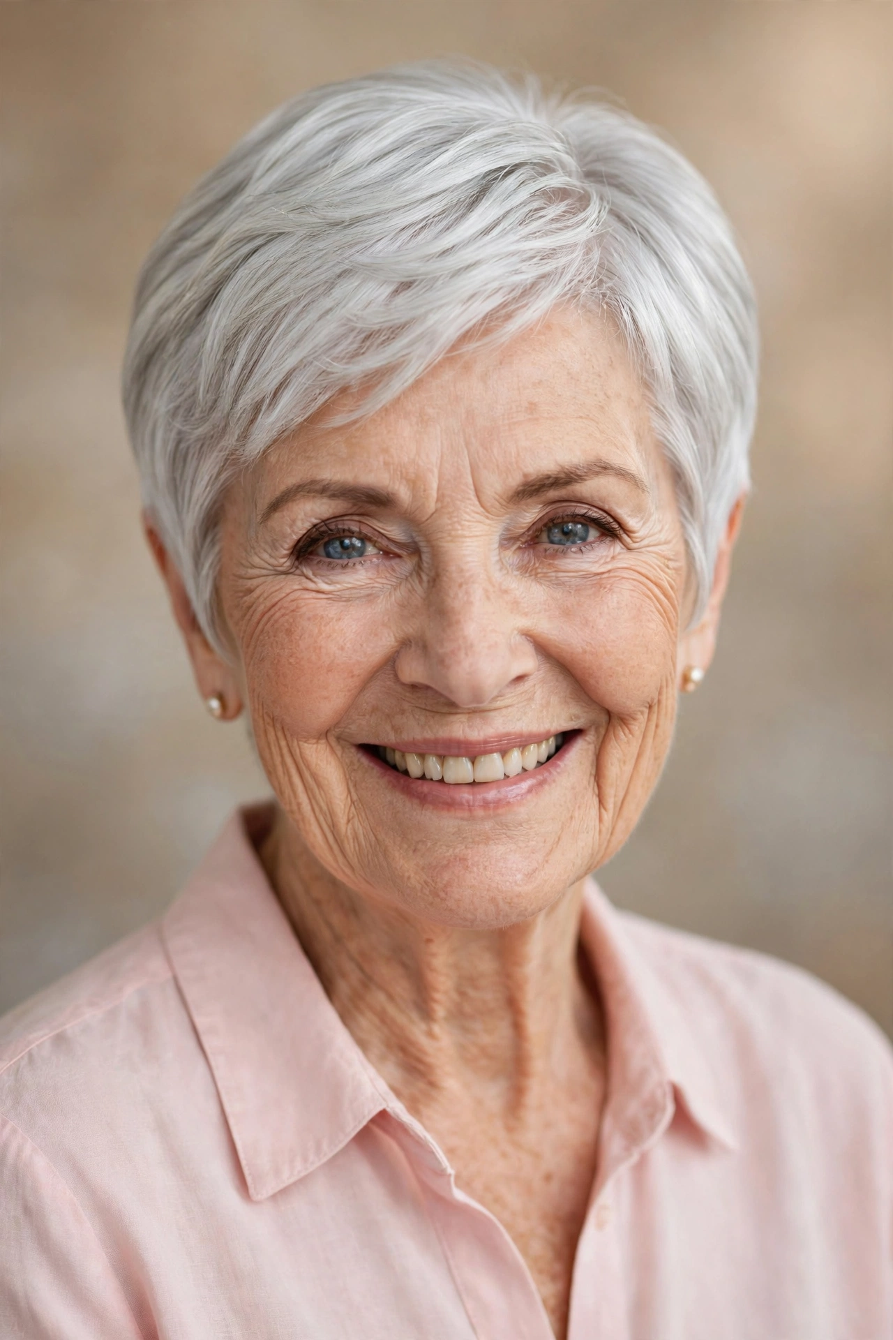 classic silver pixie bob on a woman in her 60s