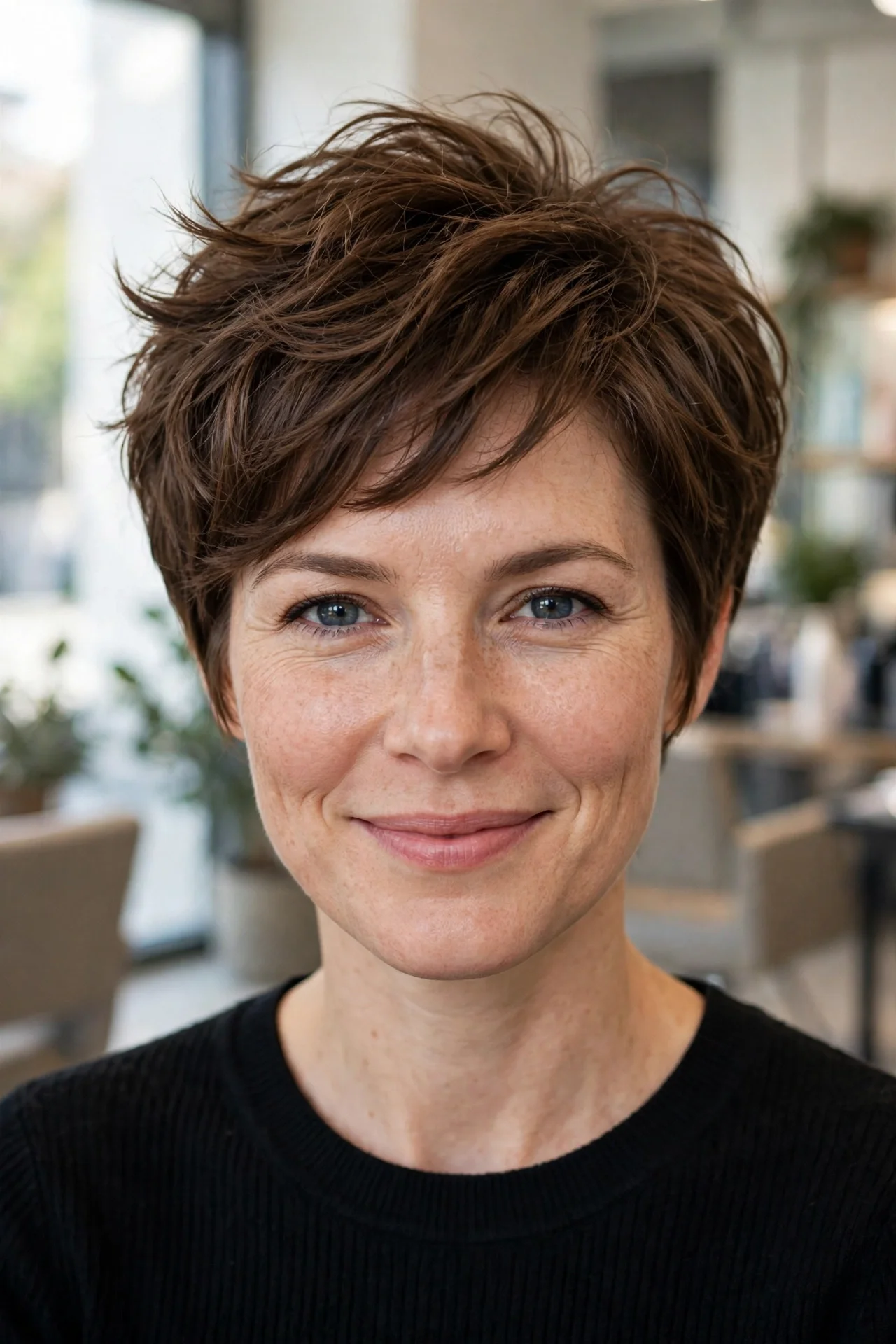 Classic textured bixie haircut with feathered layers on a woman in her 30s