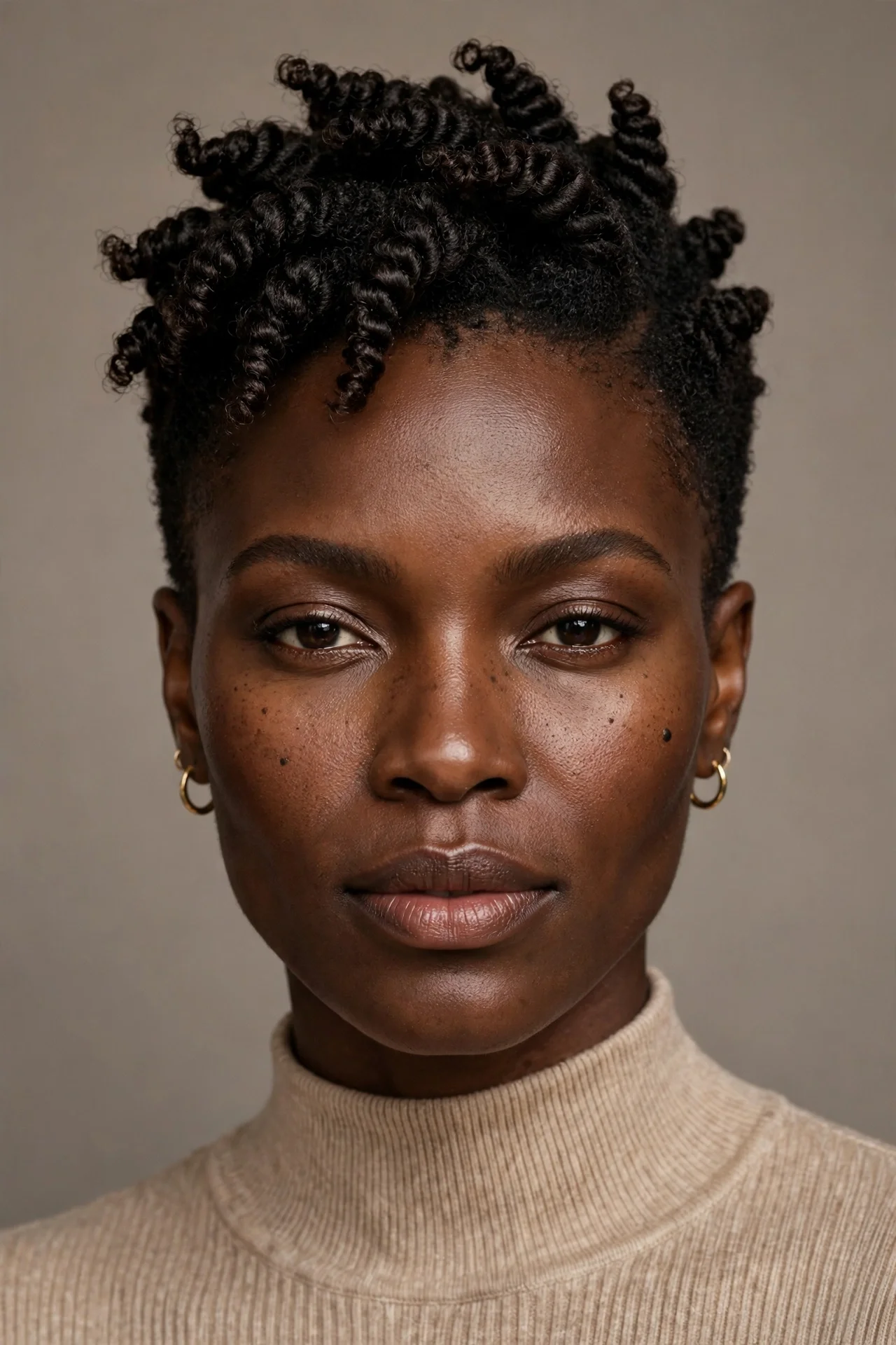 Coily bixie cut with shaped 4C texture on a Black woman in her 30s