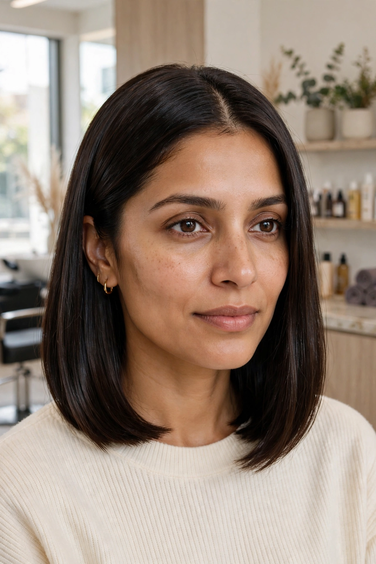 Collarbone-length straight bob with polished center part and crisp ends