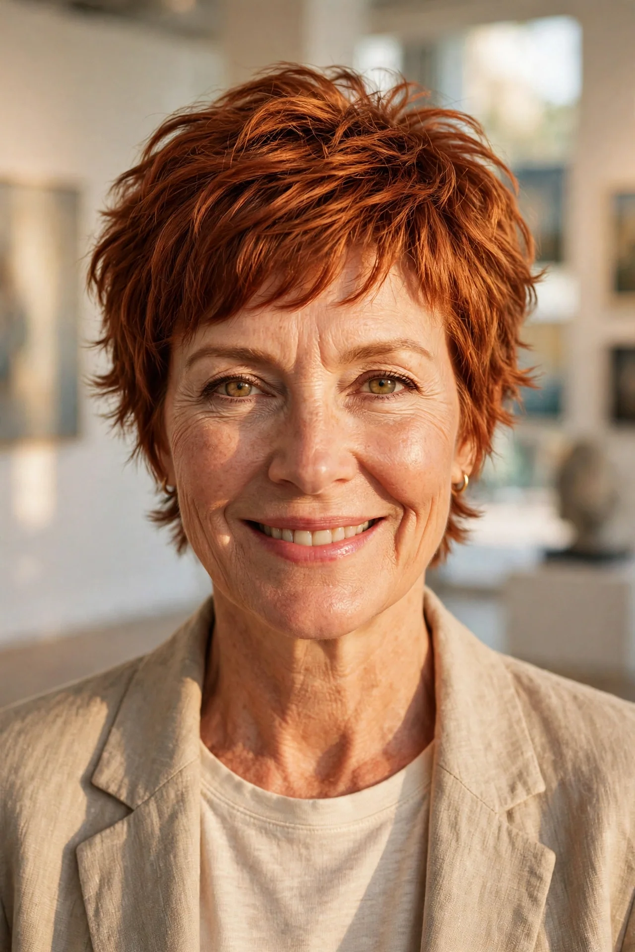Woman in her 50s with a copper-auburn textured bixie