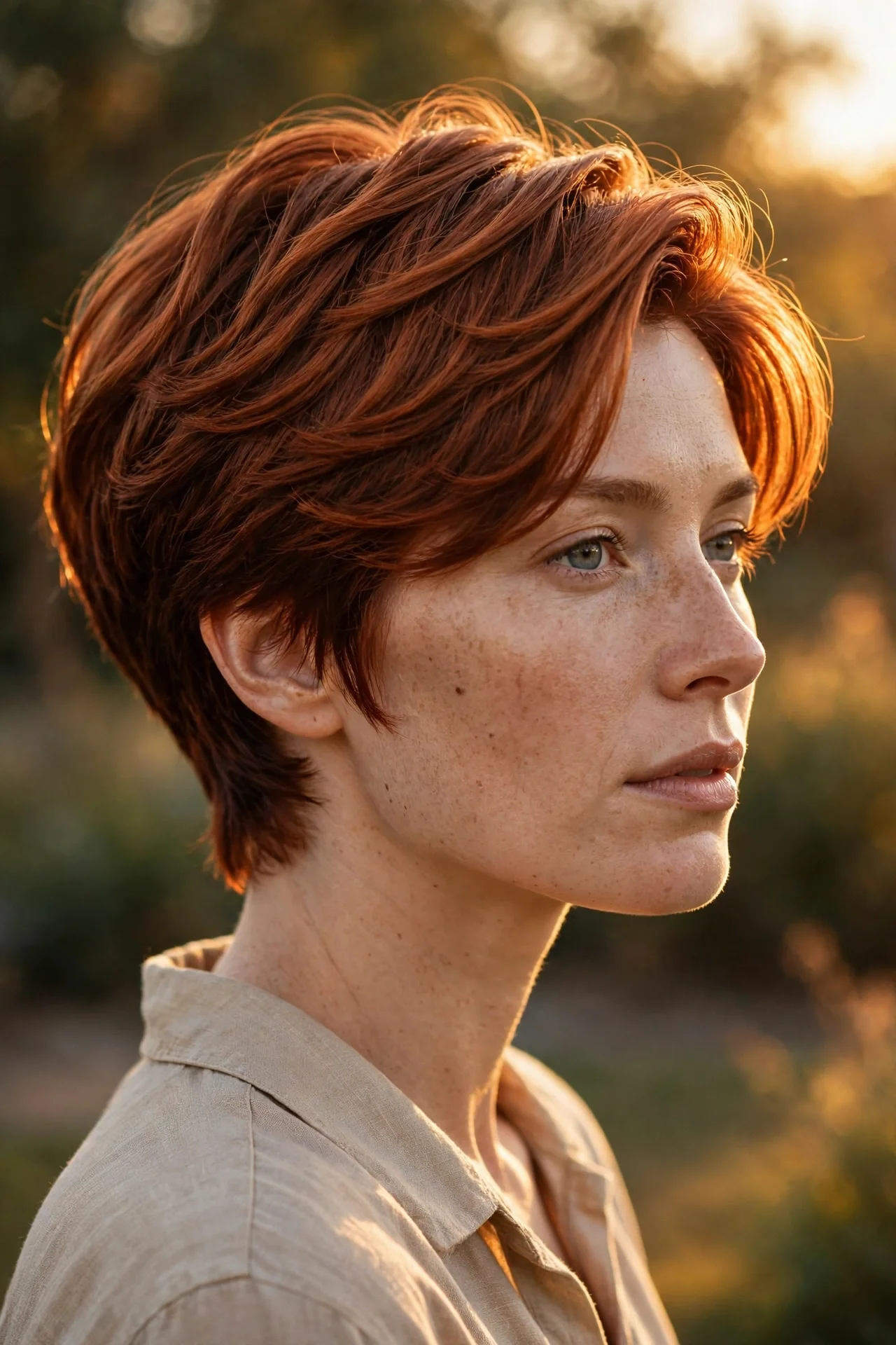Copper dimensional bixie haircut with rich auburn color and glossy layers