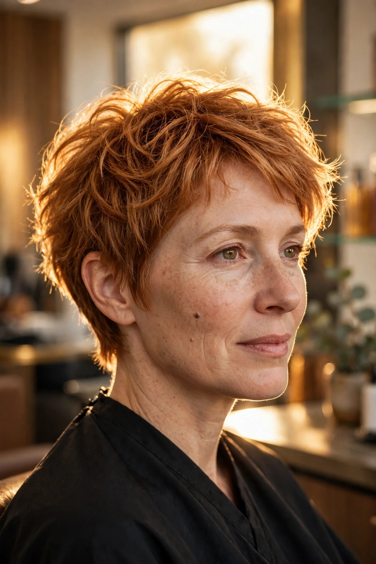 Woman in her 40s with fine copper-colored hair in a glowing textured bixie