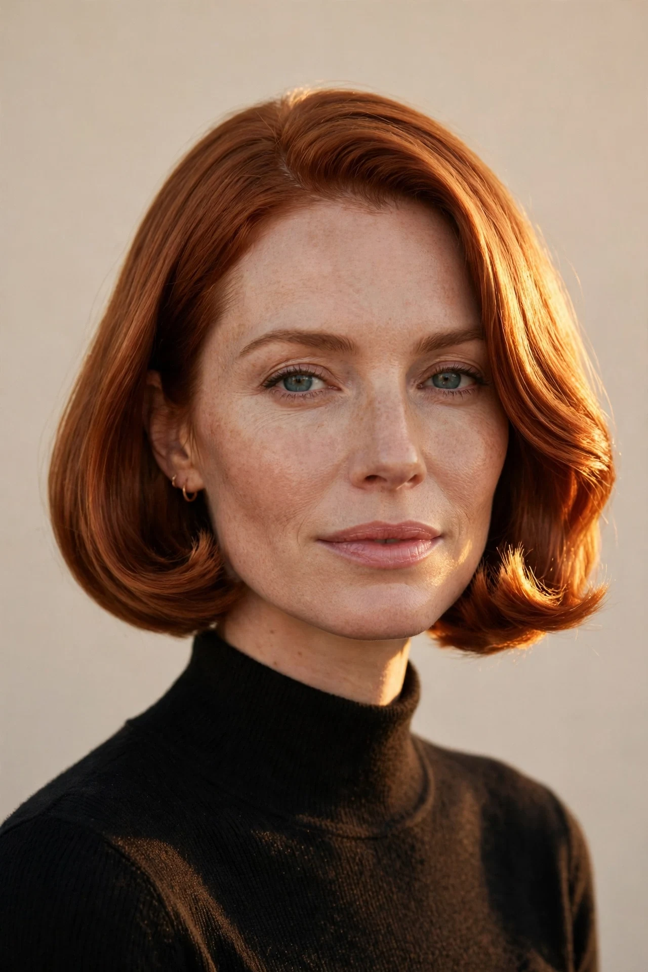 Copper red Italian cut with dimensional shine on a Caucasian woman in her 30s
