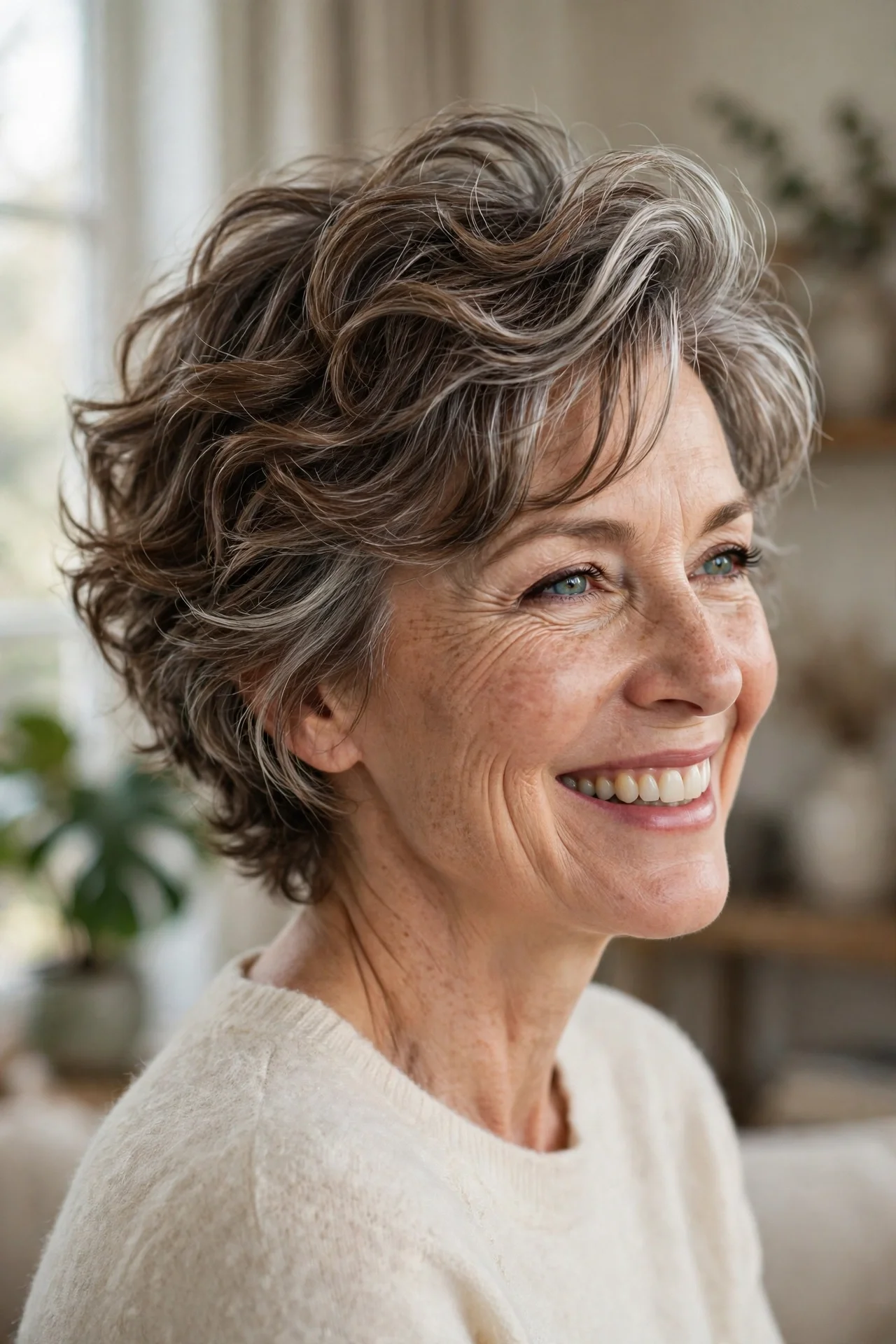 Wavy bixie cut with big crown volume on a woman in her 50s