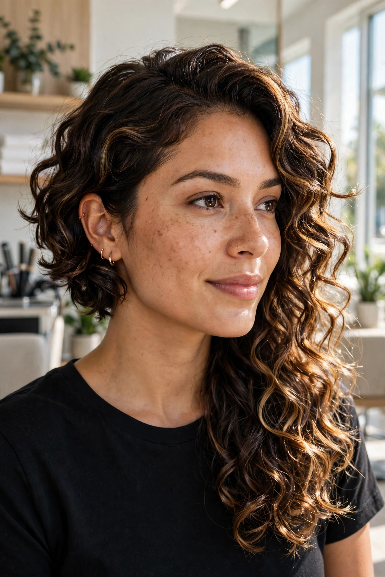 Sun-kissed balayage highlights in dark brown 3A curls, asymmetrical bob
