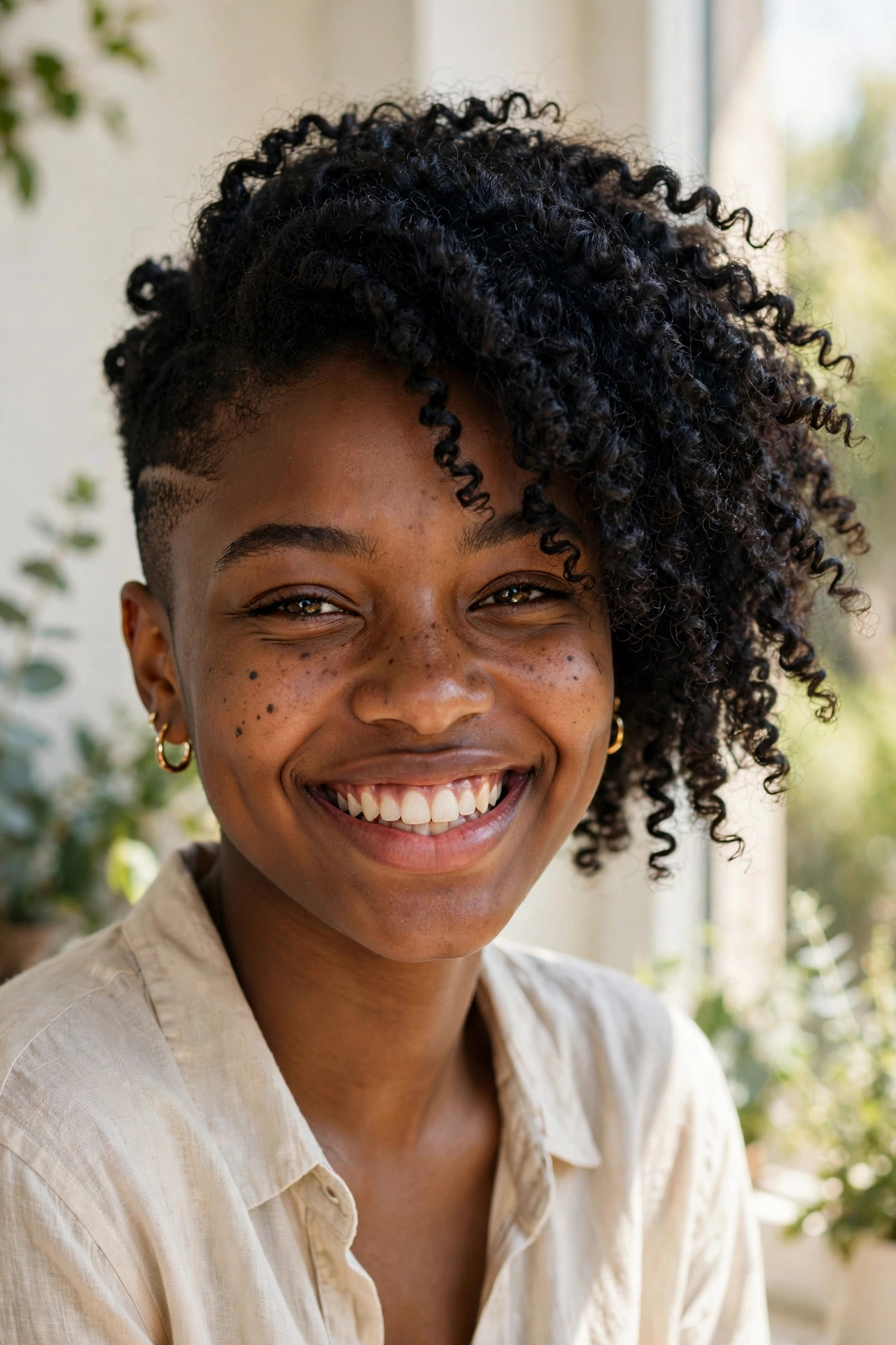 Short springy 4A coils in a fresh big-chop asymmetrical curly bob