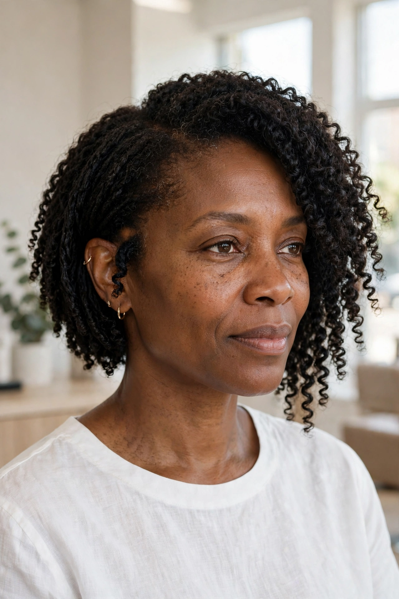 Tight defined 4A coils in a chin-length asymmetrical curly bob, one side tucked behind the ear
