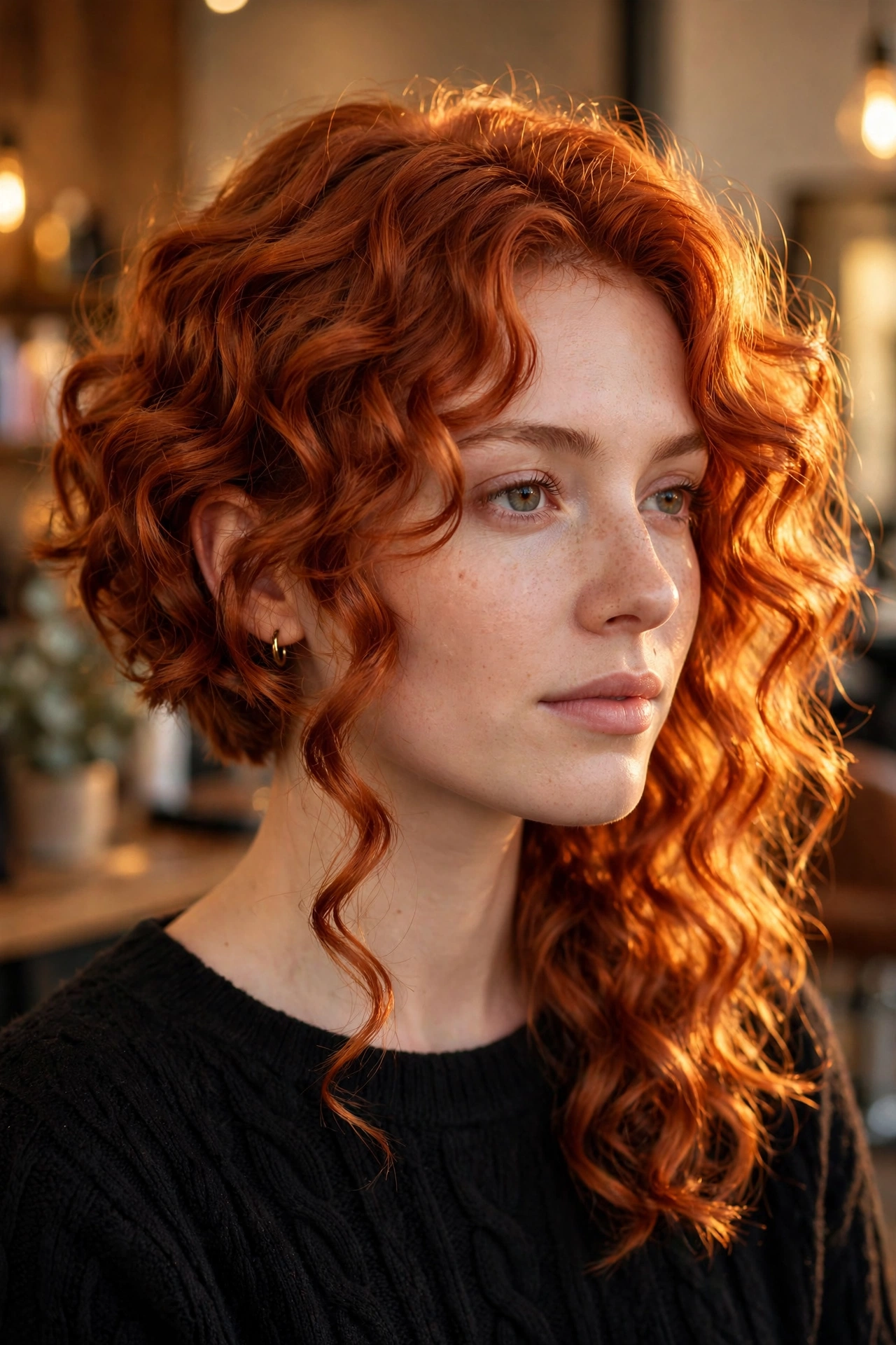 Vibrant copper-red 3B curls in an asymmetrical curly bob glowing in warm light