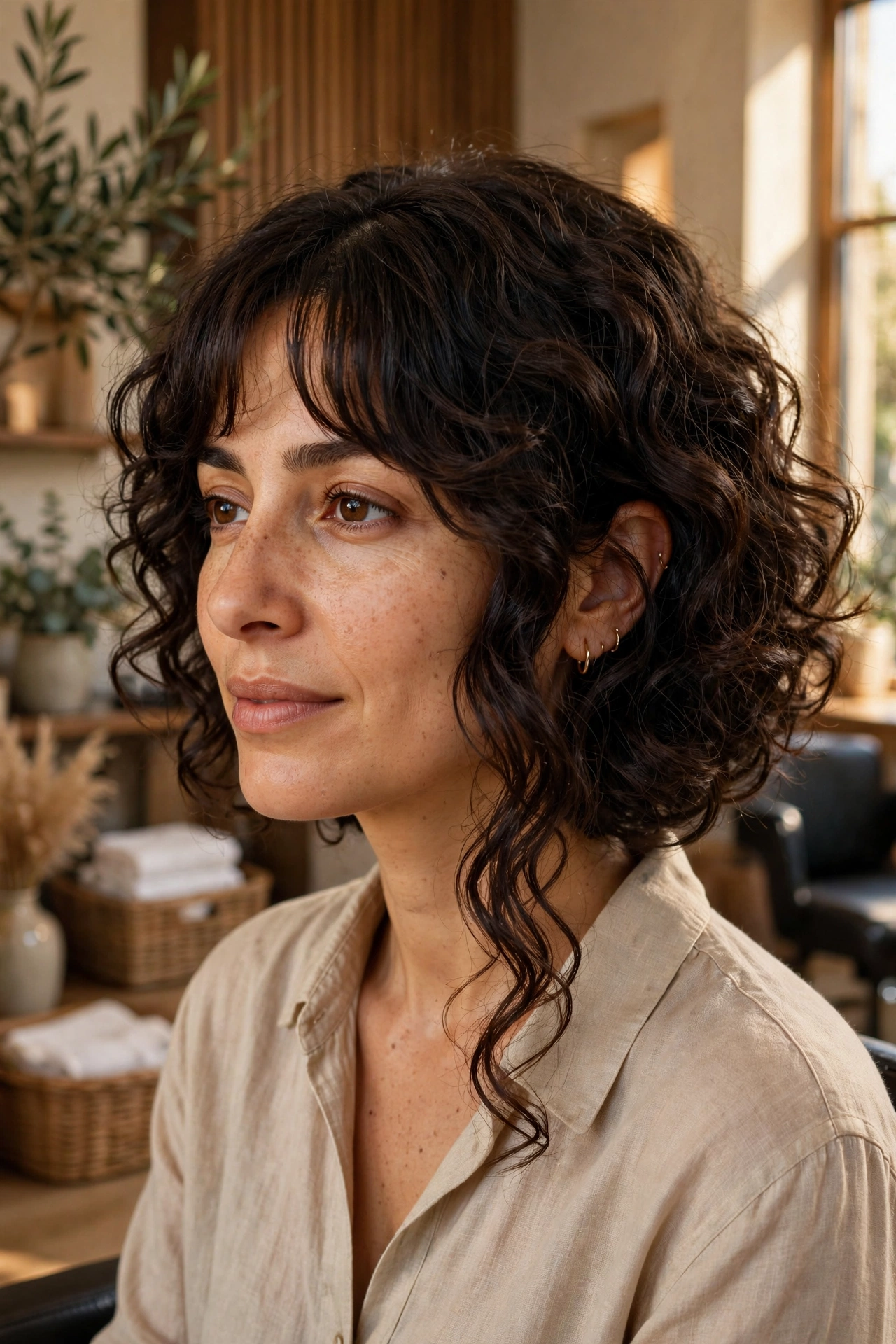 Dark brown 3A curls in an asymmetrical curly bob with soft curtain bangs
