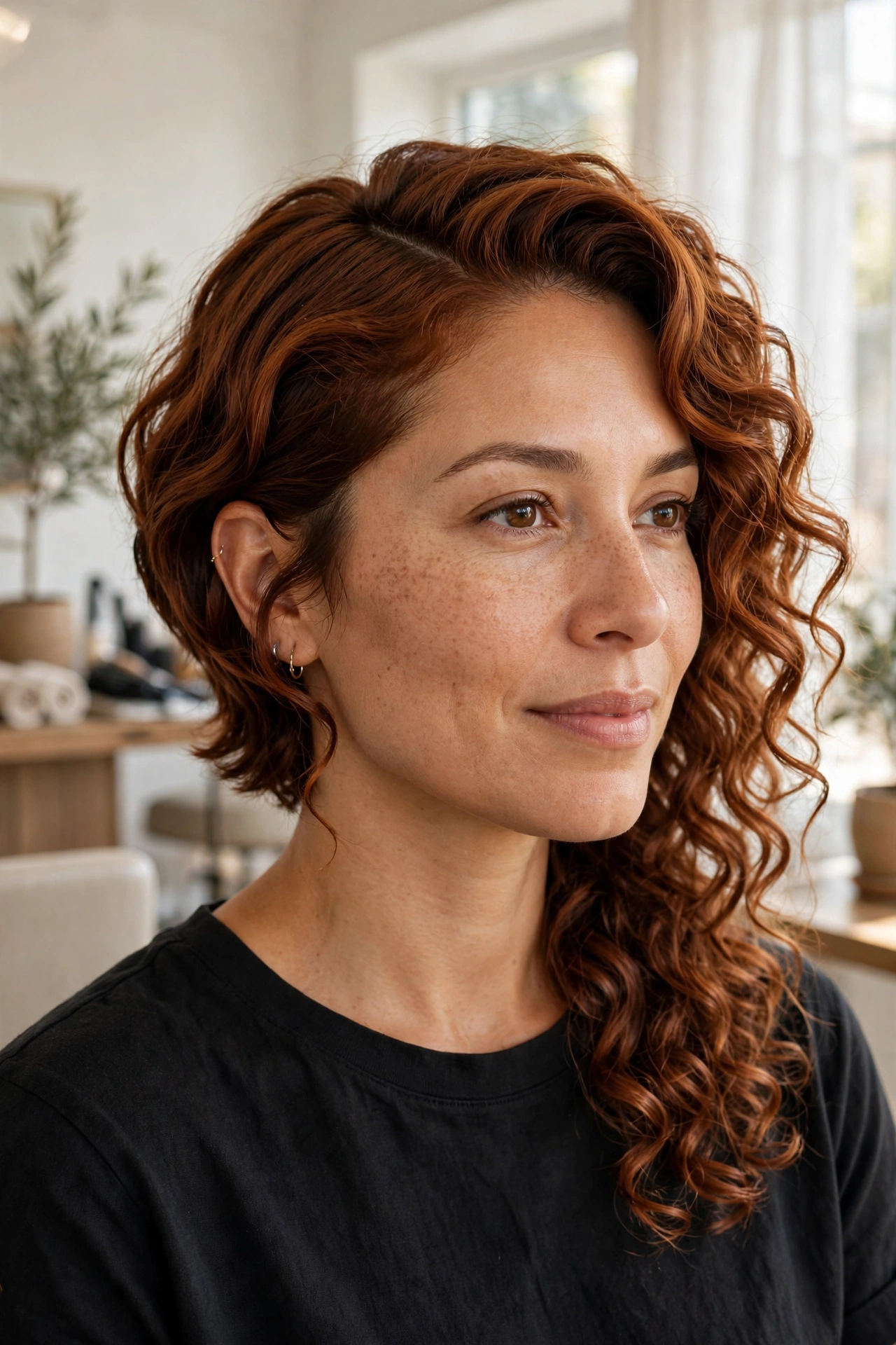 Copper-brown 3B curls in an asymmetrical curly bob with a dramatic deep side part