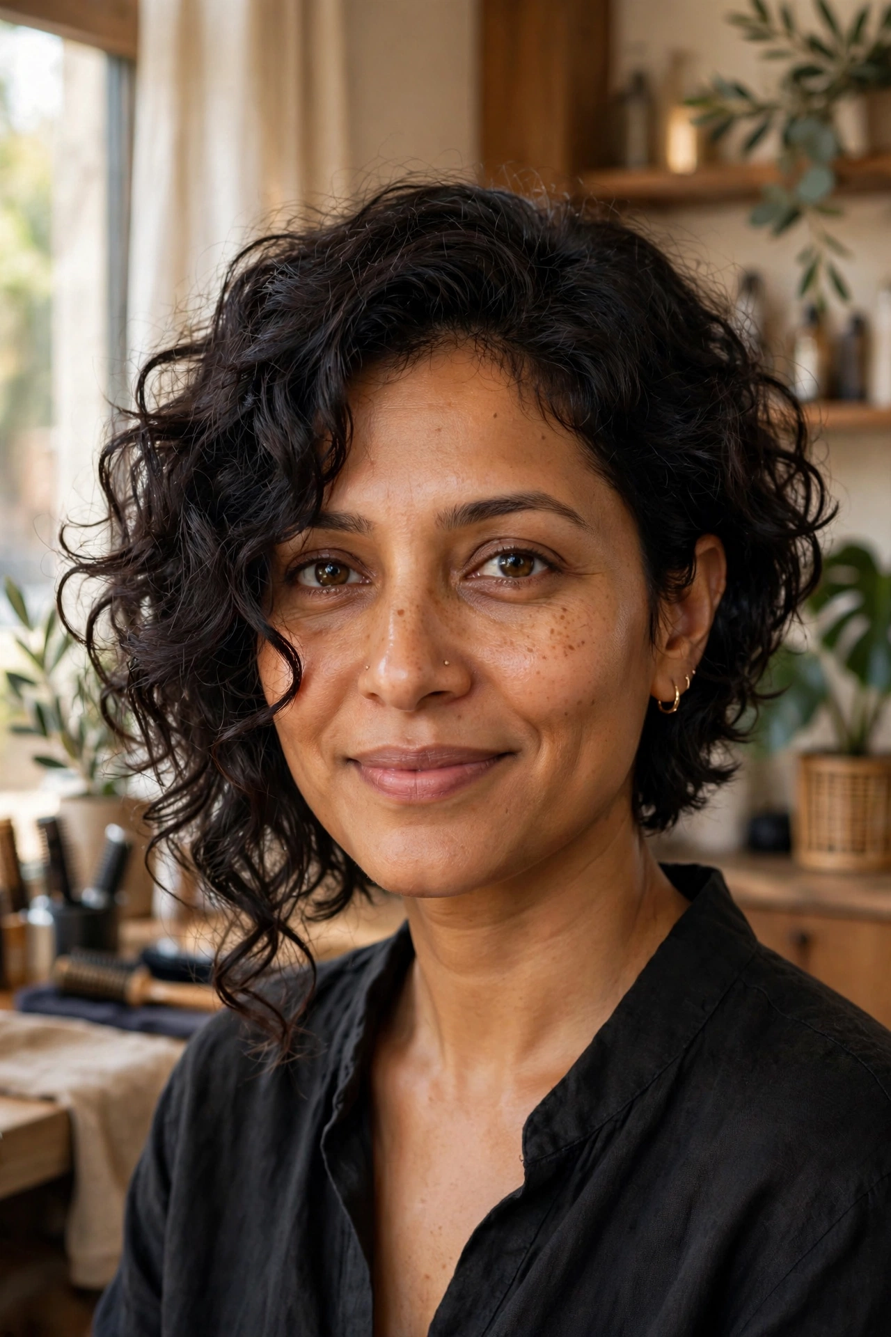 Dark 3A curls in an asymmetrical bob with soft face-framing layers