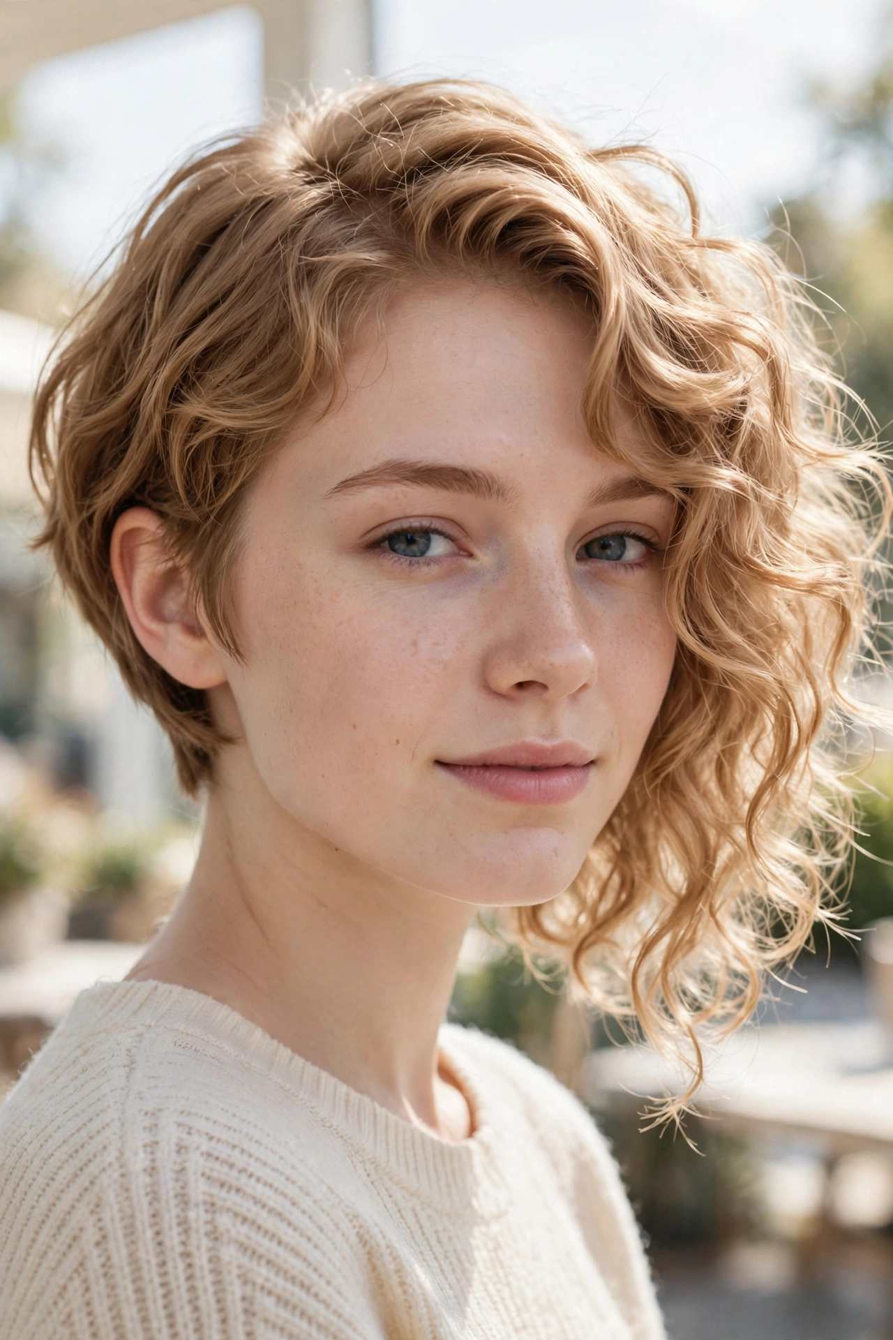 Fine honey-blonde 2C curls in an asymmetrical bob cut for fullness