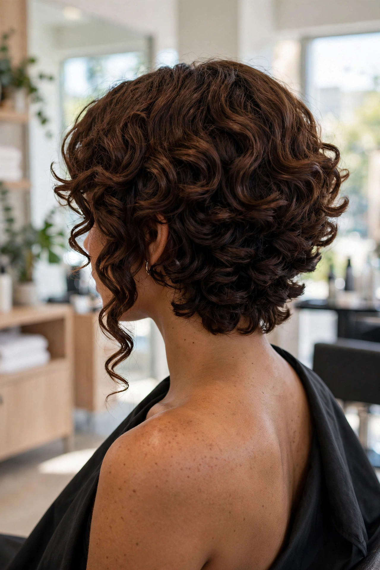 Chocolate brown 3B curls in a graduated asymmetrical bob, back three-quarter view