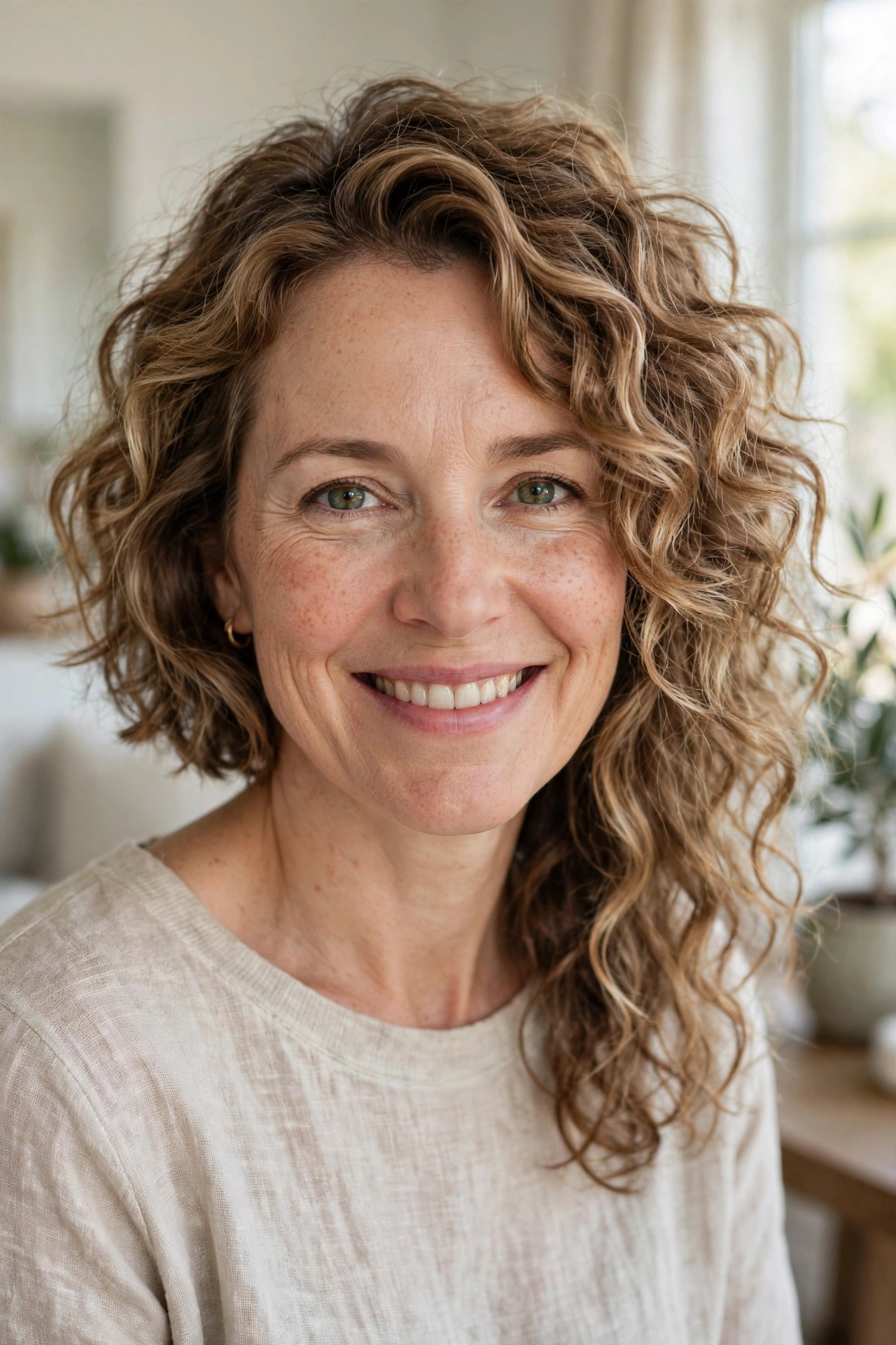 Grown-out 3A curls in a soft asymmetrical bob with lived-in texture