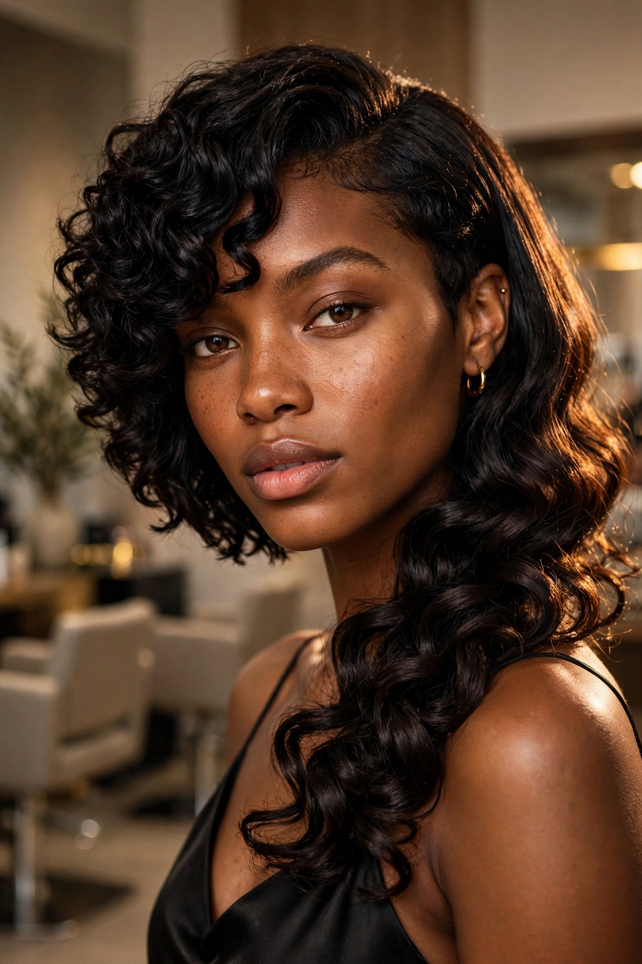 Striking curly hair asymmetrical bob with voluminous defined 3B curls in a dramatic side sweep, salon portrait