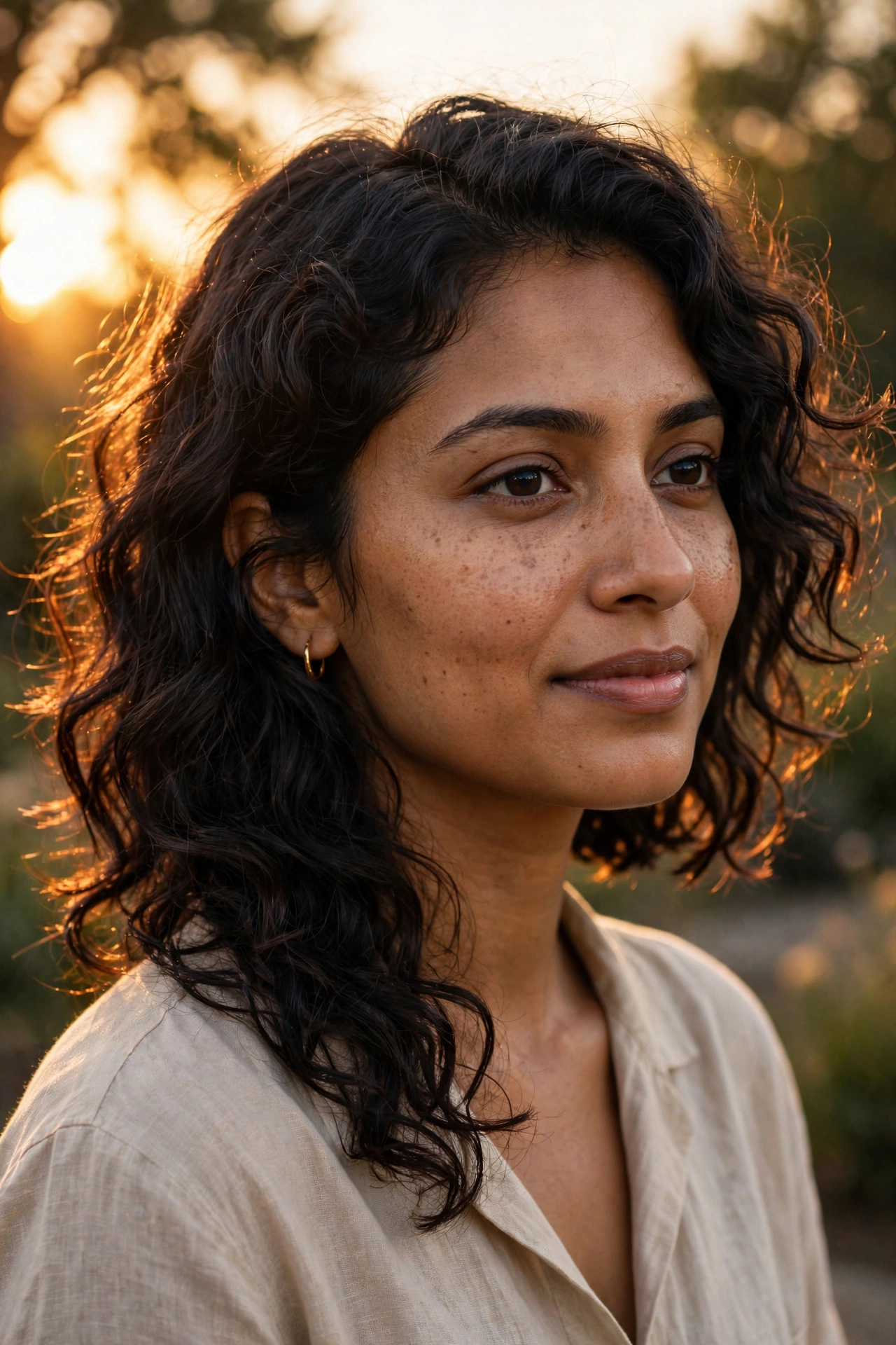 Long dark 2C wavy curls in an asymmetrical curly lob at golden hour