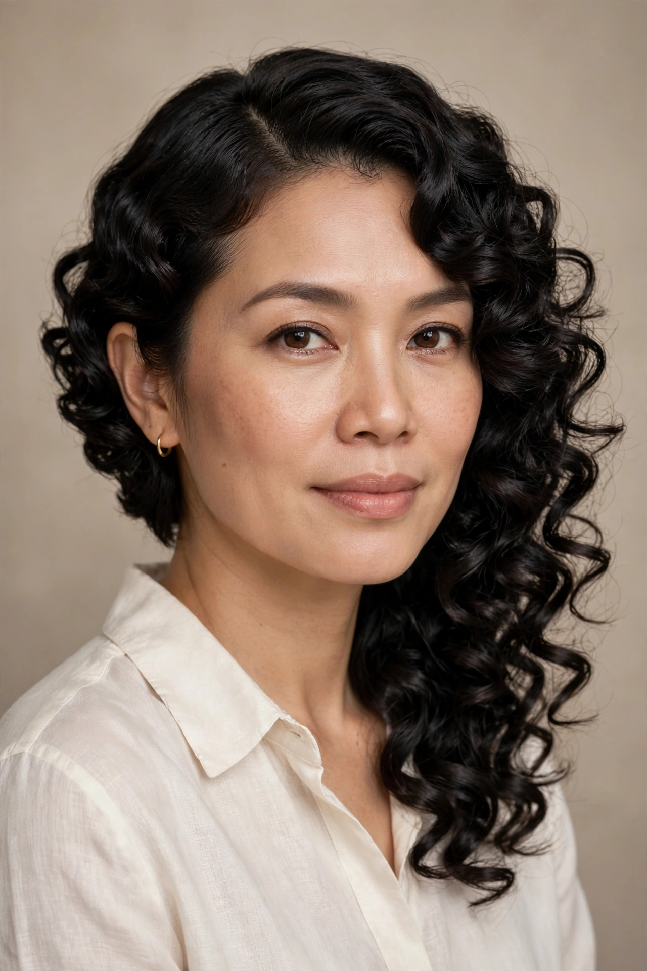 Glossy black 3C curls in a side-parted asymmetrical curly lob
