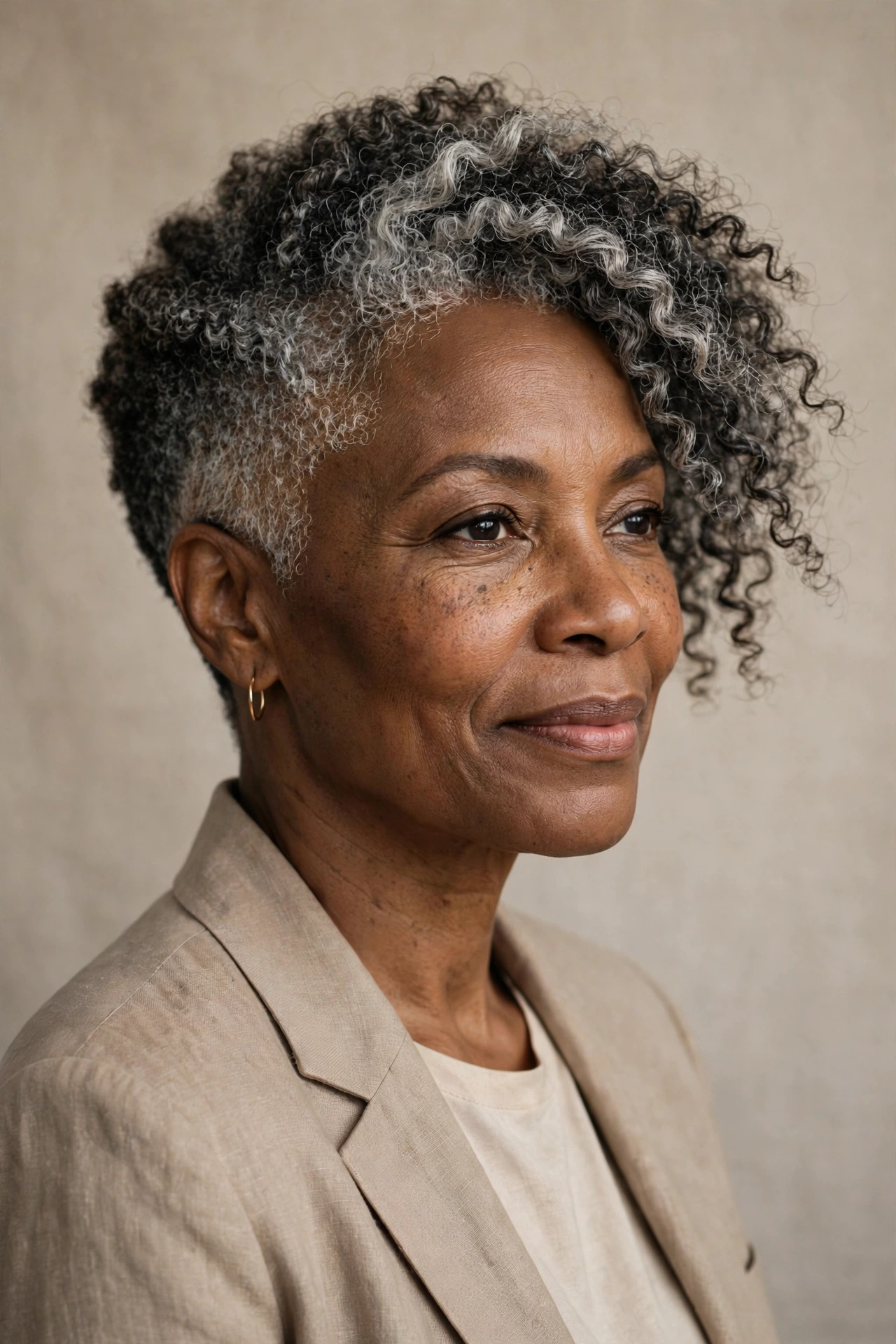 Silver-streaked 4C coils in a tapered asymmetrical curly crop