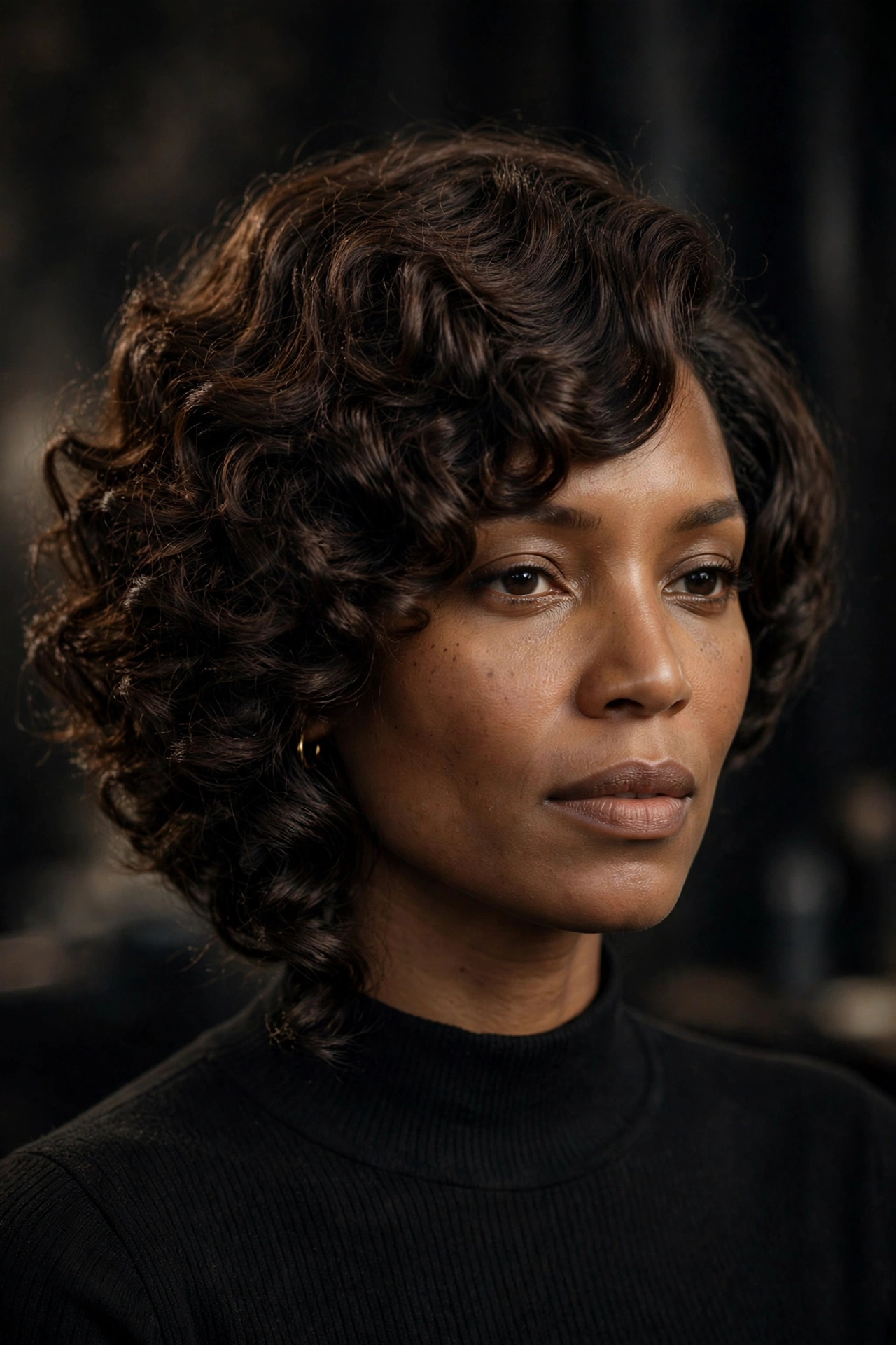 Thick espresso-brown 3C curls shaped into an asymmetrical curly bob