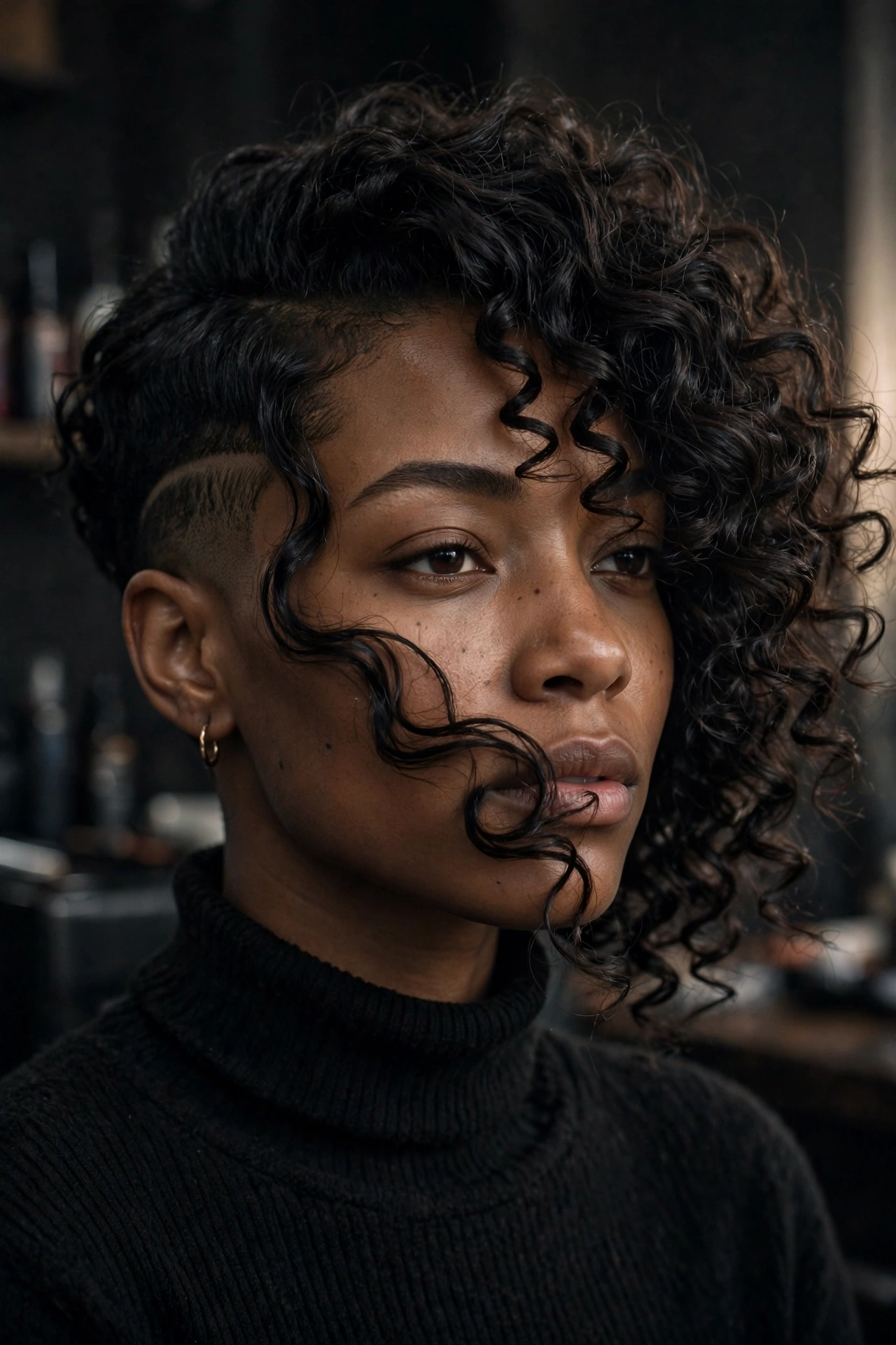 Bold 3C corkscrew curls in an edgy asymmetrical bob with a faded undercut