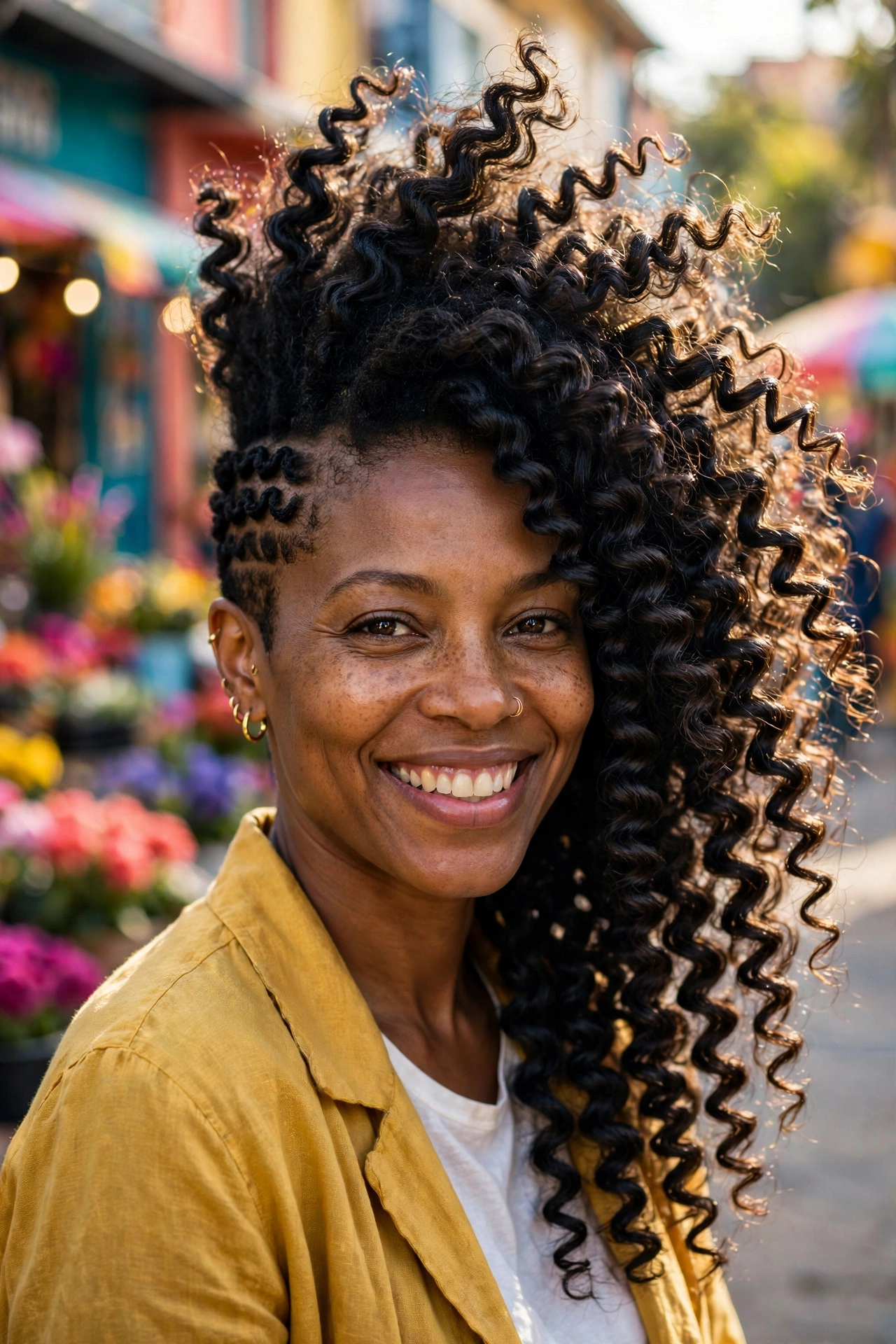 Maximum-volume 4B zigzag coils in a bold asymmetrical curly bob