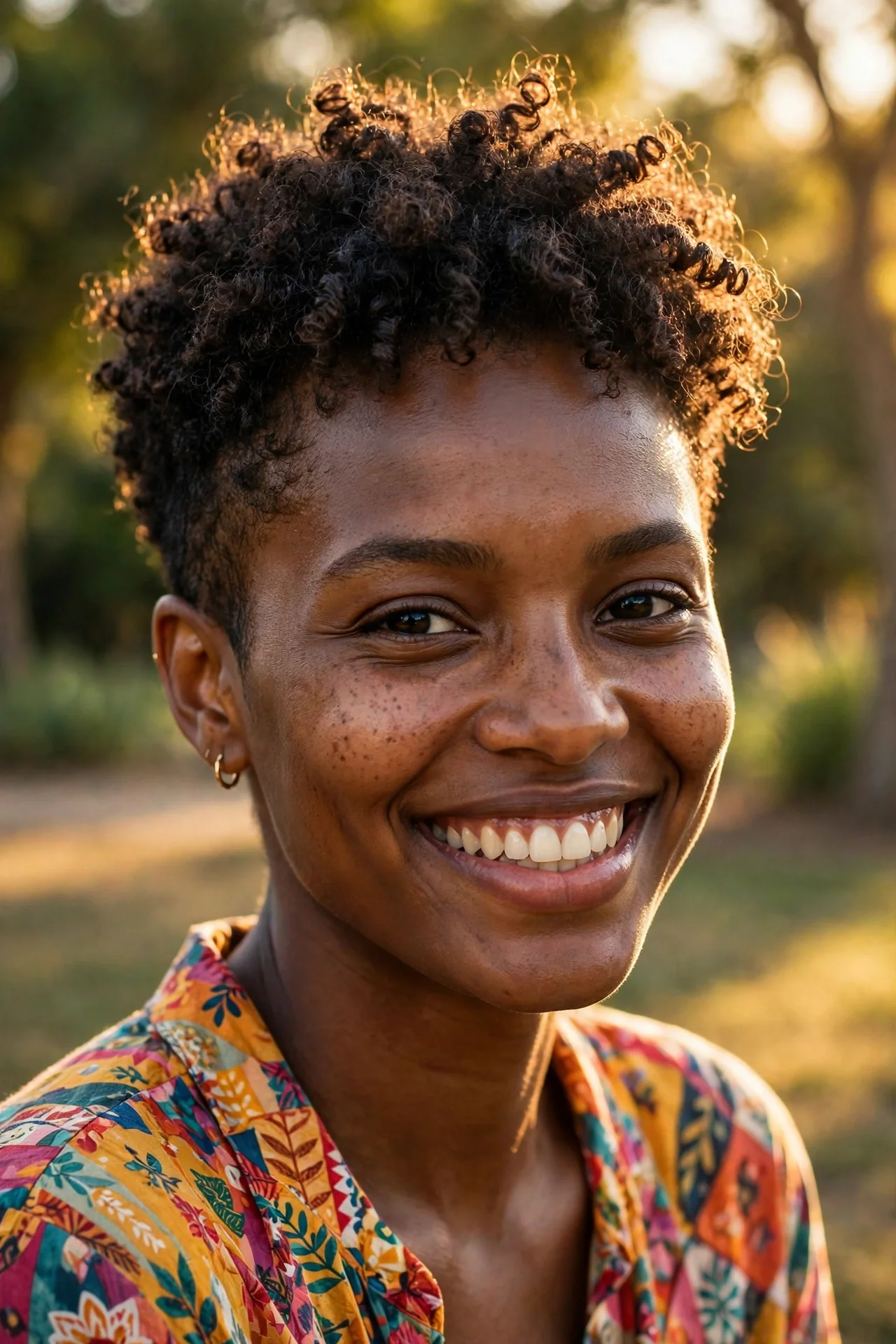 Curly bixie haircut with defined coils and tapered nape on a woman with natural curls
