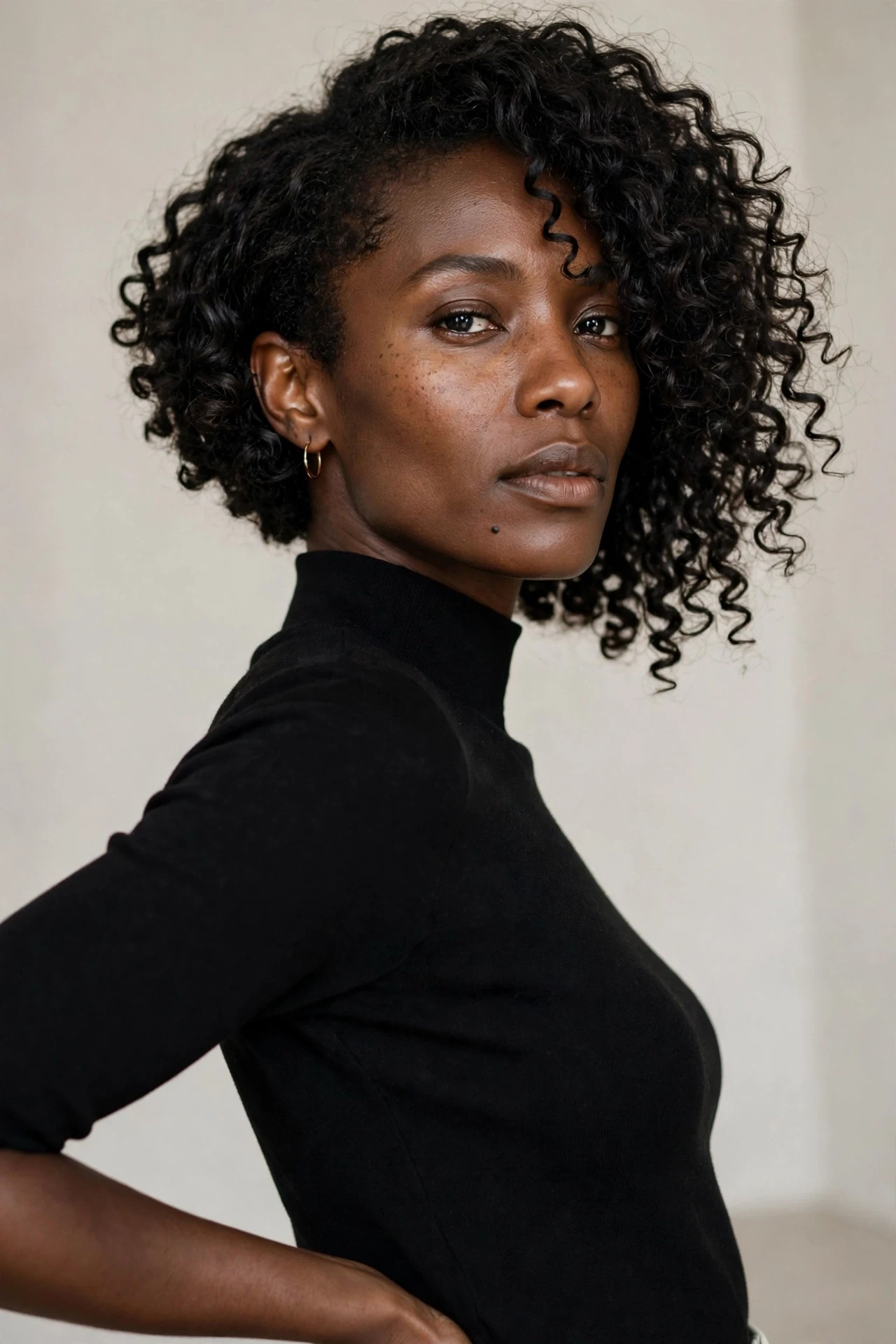Asymmetrical curly bob with one longer side in bold diagonal silhouette
