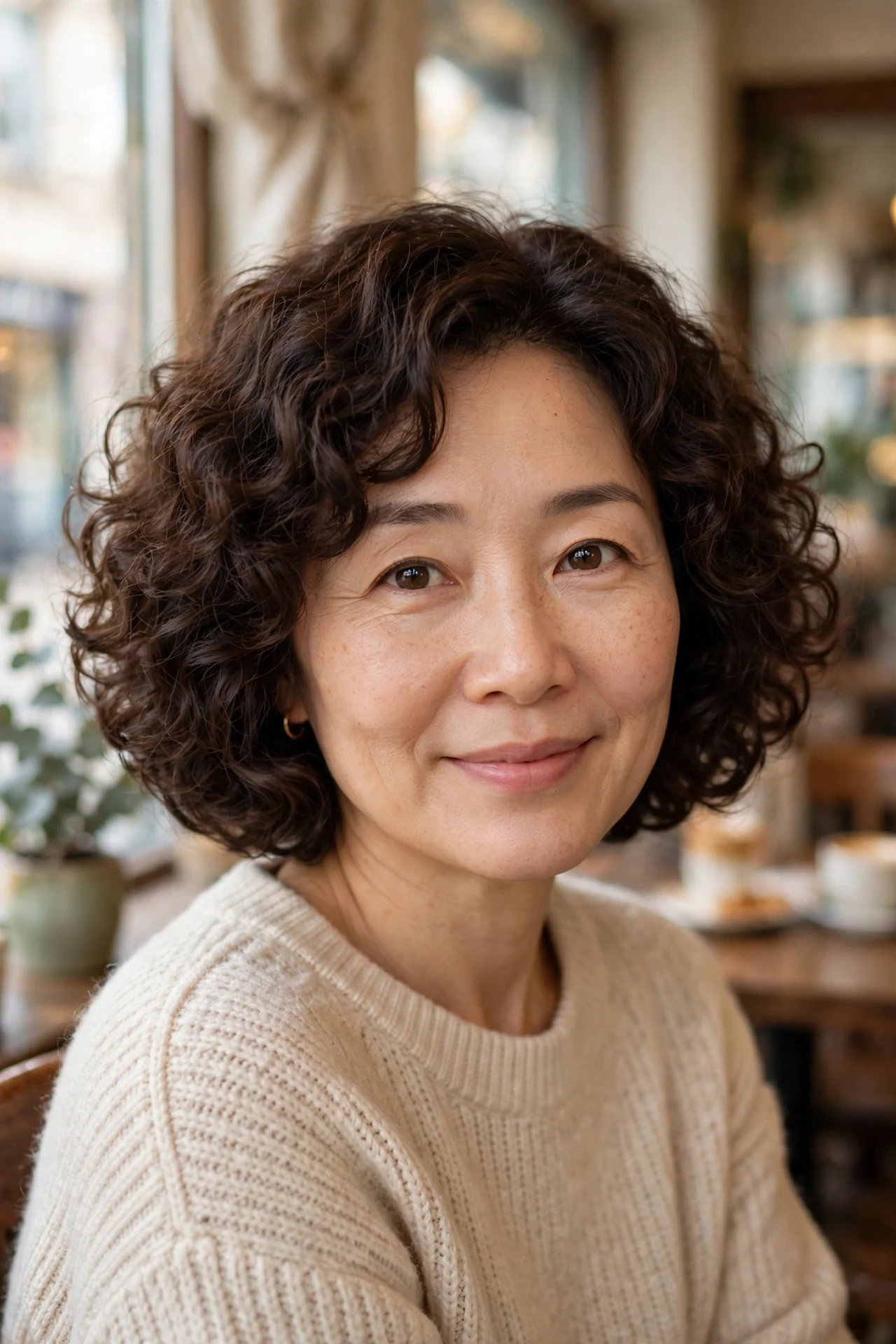 Chin-length rounded permed curly bob with soft voluminous curls