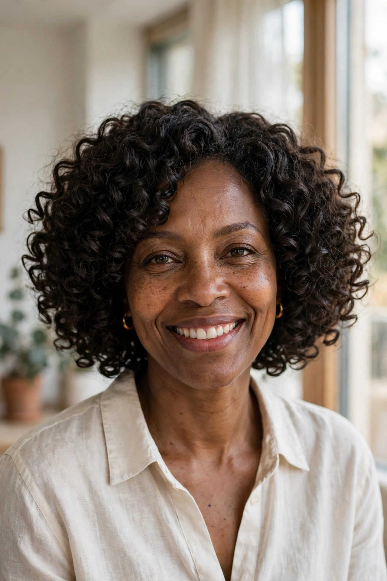 Bouncy corkscrew 3B curls in a voluminous rounded bob near a window