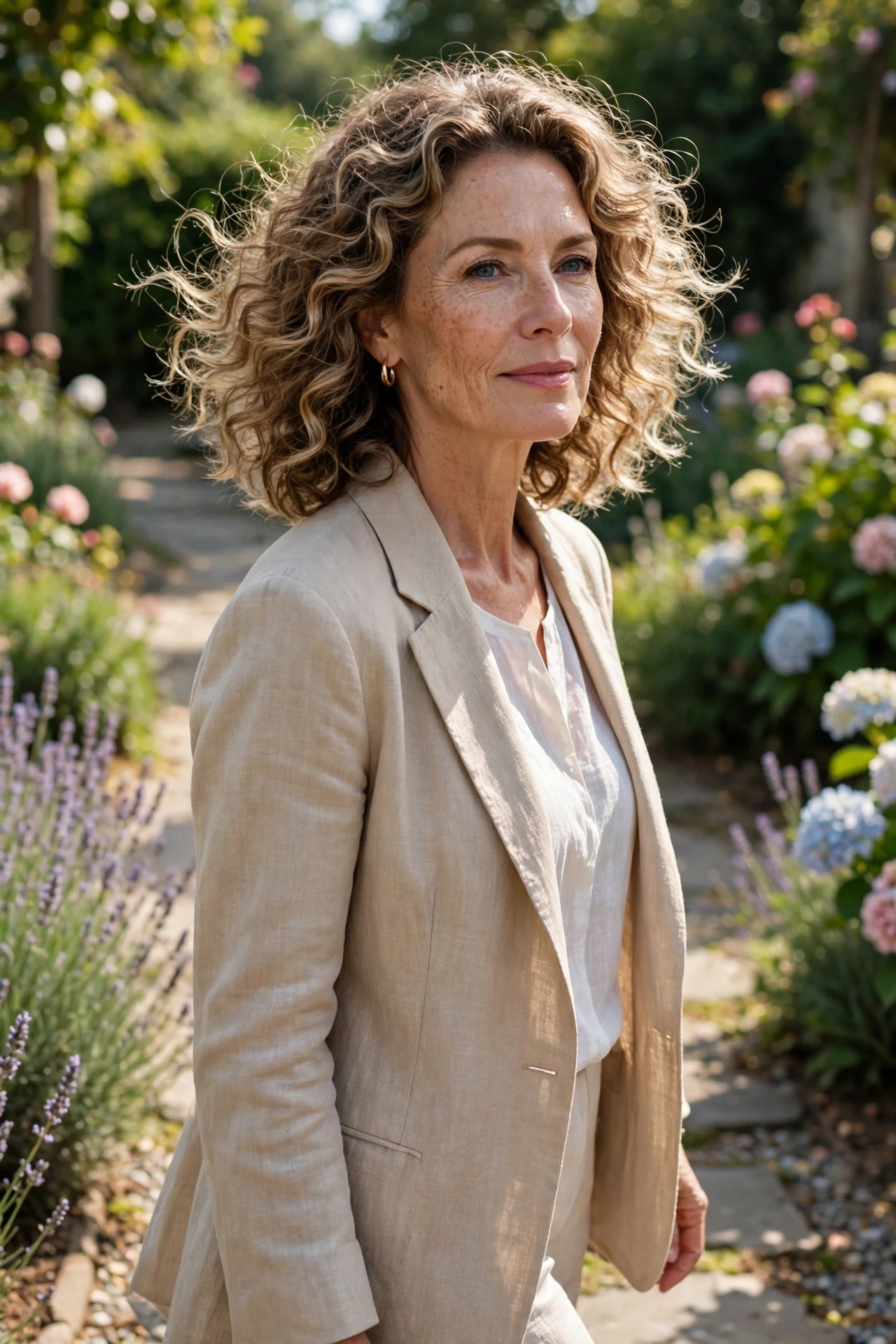 Collarbone-length curly lob with loose defined curls in a garden portrait