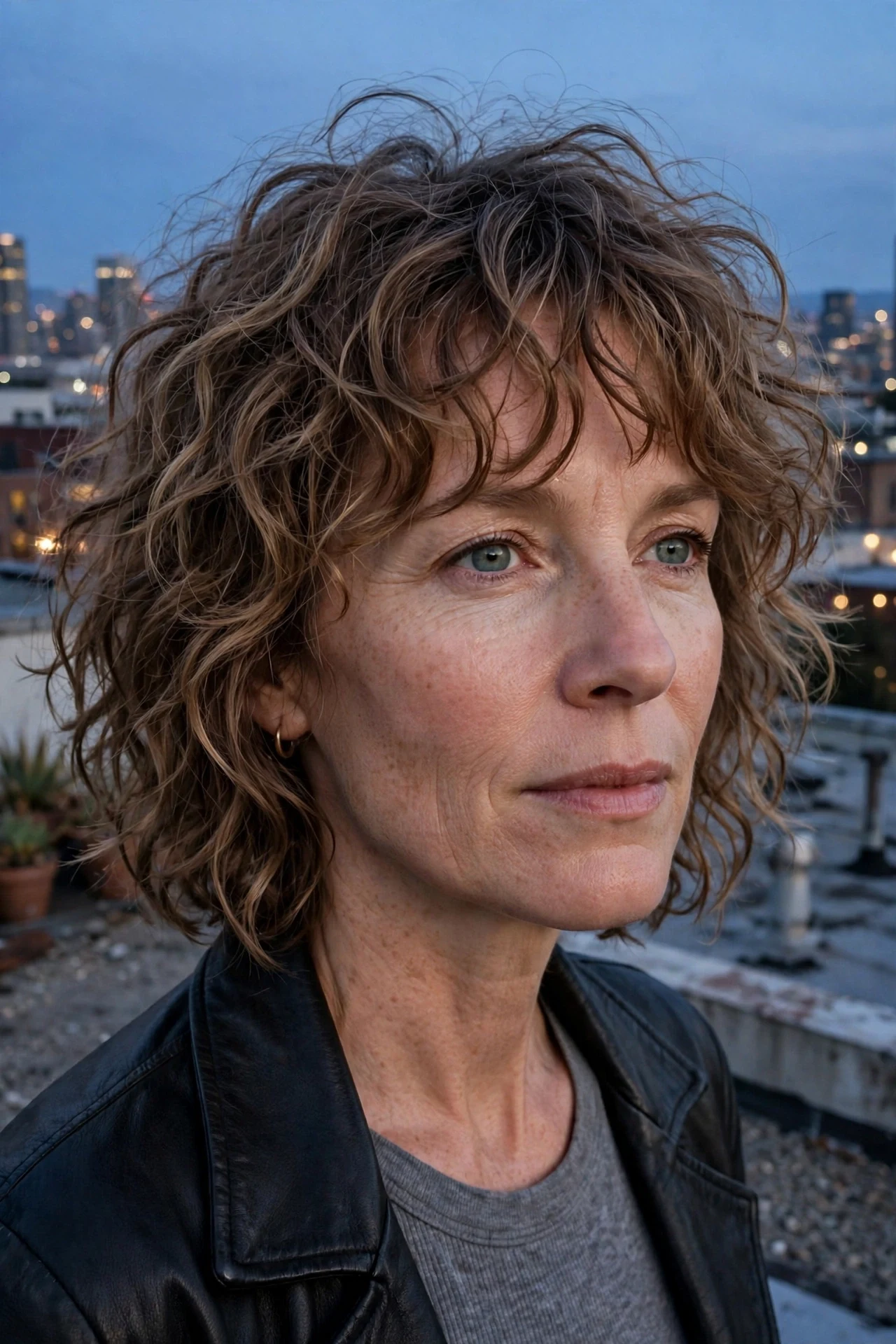 Tousled curly shag bob with piece-y layers on a city rooftop at dusk