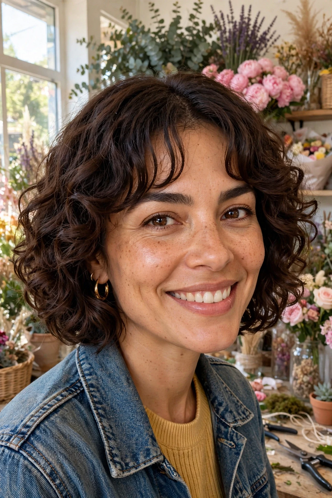 Curly bob with soft curtain bangs parted in the middle, flower shop portrait