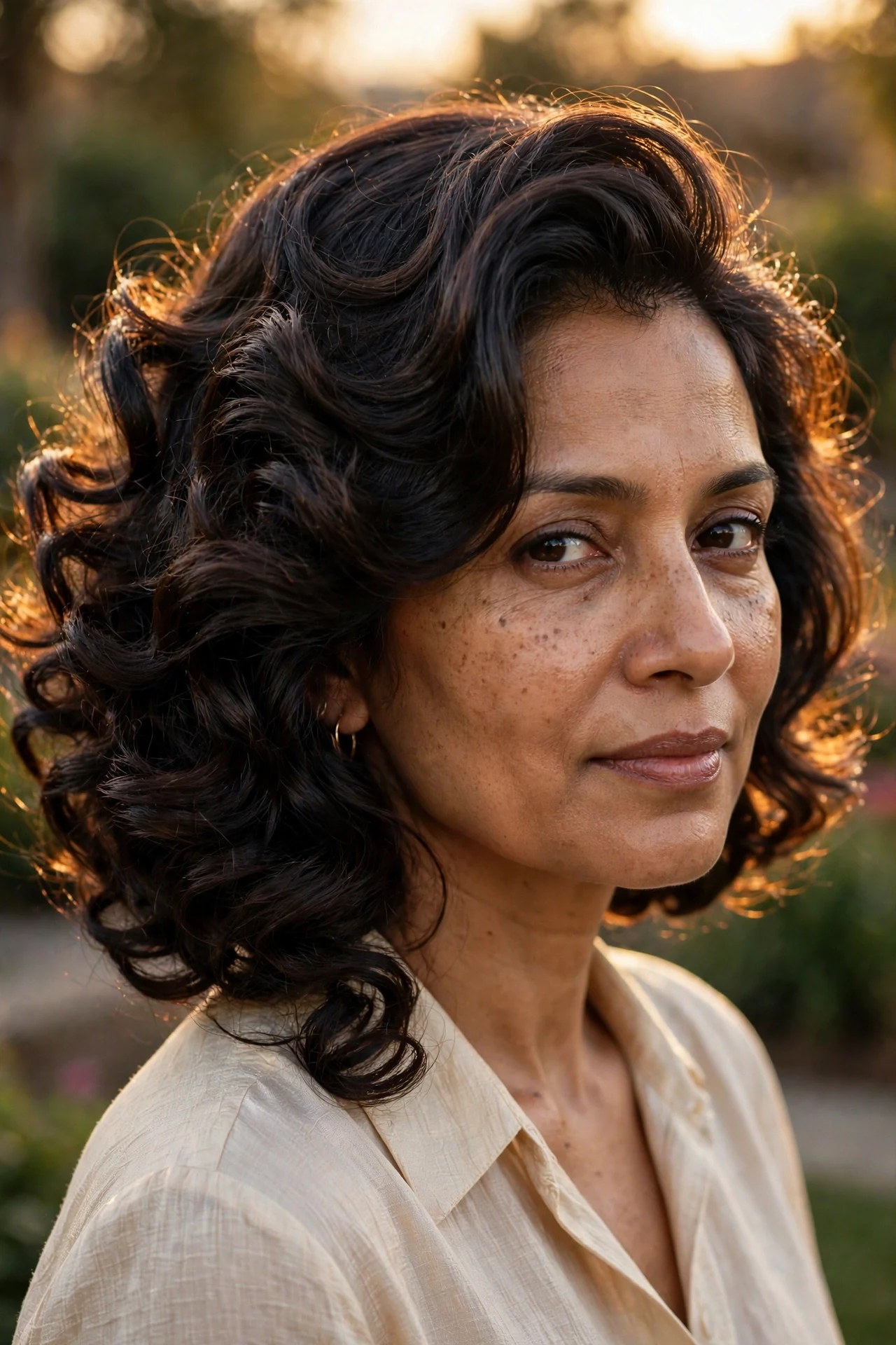 Deep side-part curly bob with glossy swept curls in warm evening light