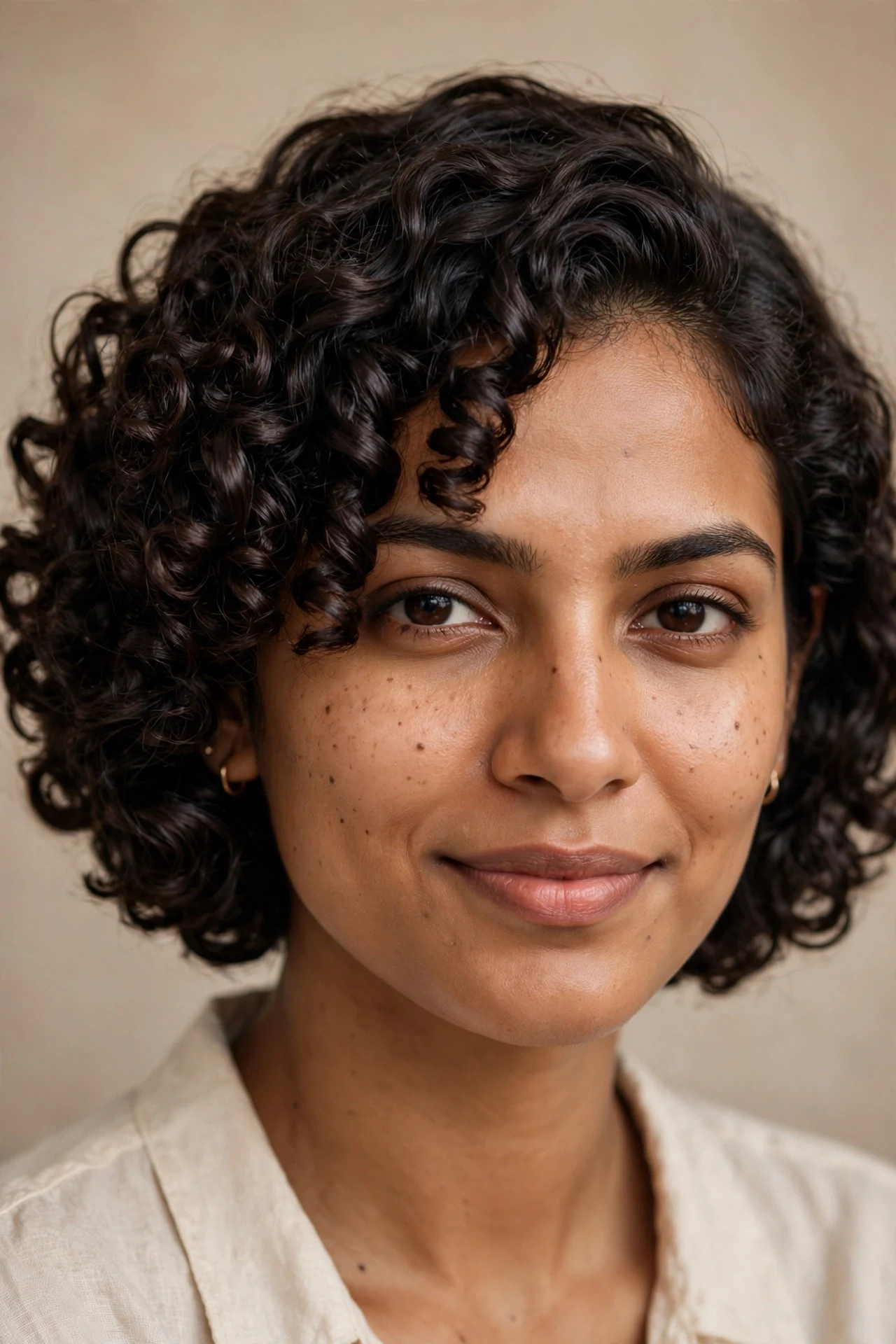 Tightly defined 3C coils in a cropped curly bob with natural shine