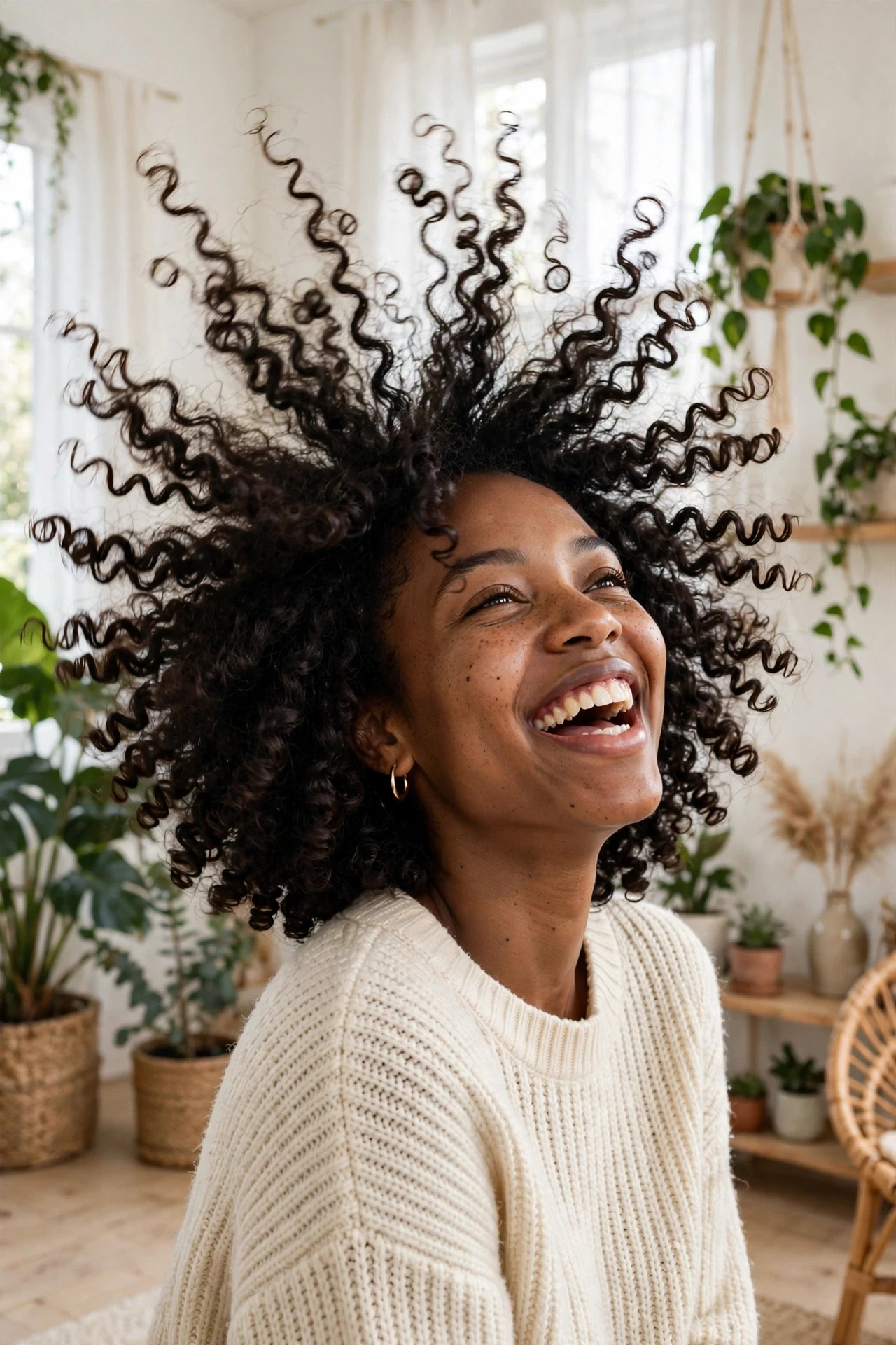 Diffused maximum-volume curly bob with big bouncy curls in joyful motion